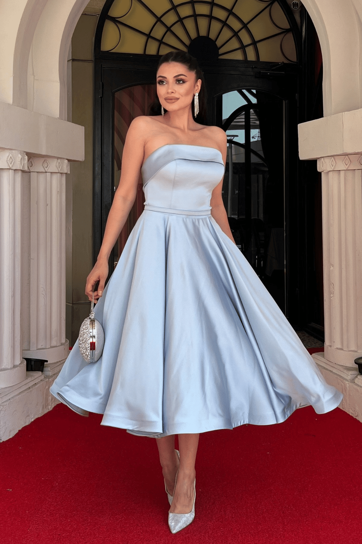 Saten Kumaş Sırt İp Detaylı Midi Elbise - BEBE MAVİSİ