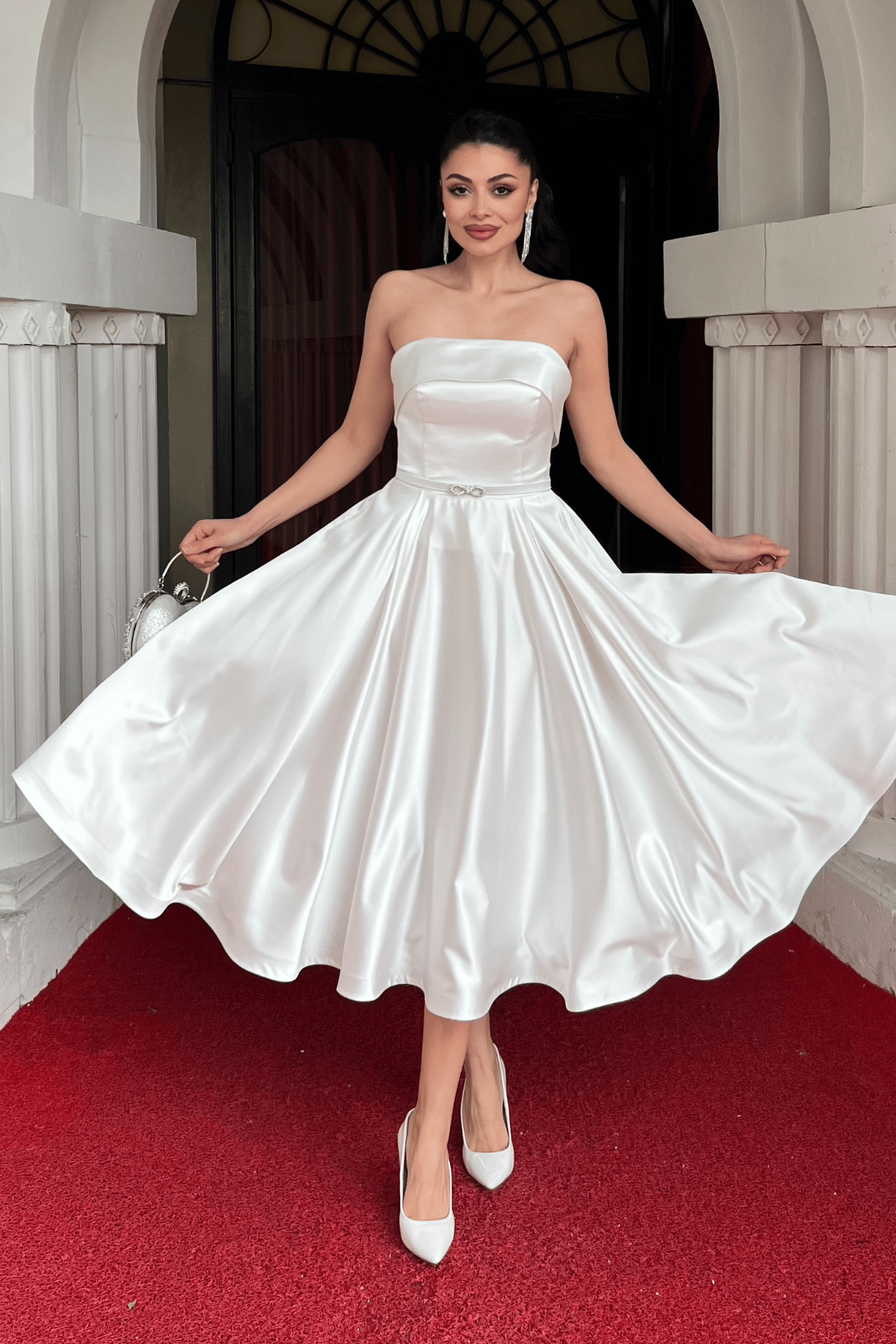 Saten Kumaş Sırt İp Detaylı Midi Elbise - BEYAZ