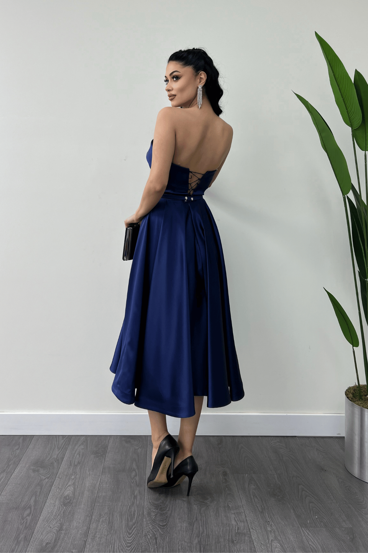 Saten Kumaş Sırt İp Detaylı Midi Elbise - LACİVERT