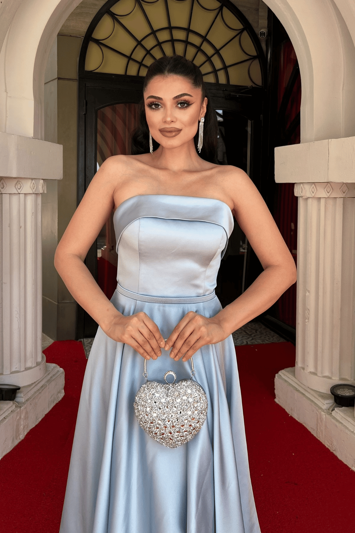 Saten Kumaş Sırt İp Detaylı Midi Elbise - BEBE MAVİSİ