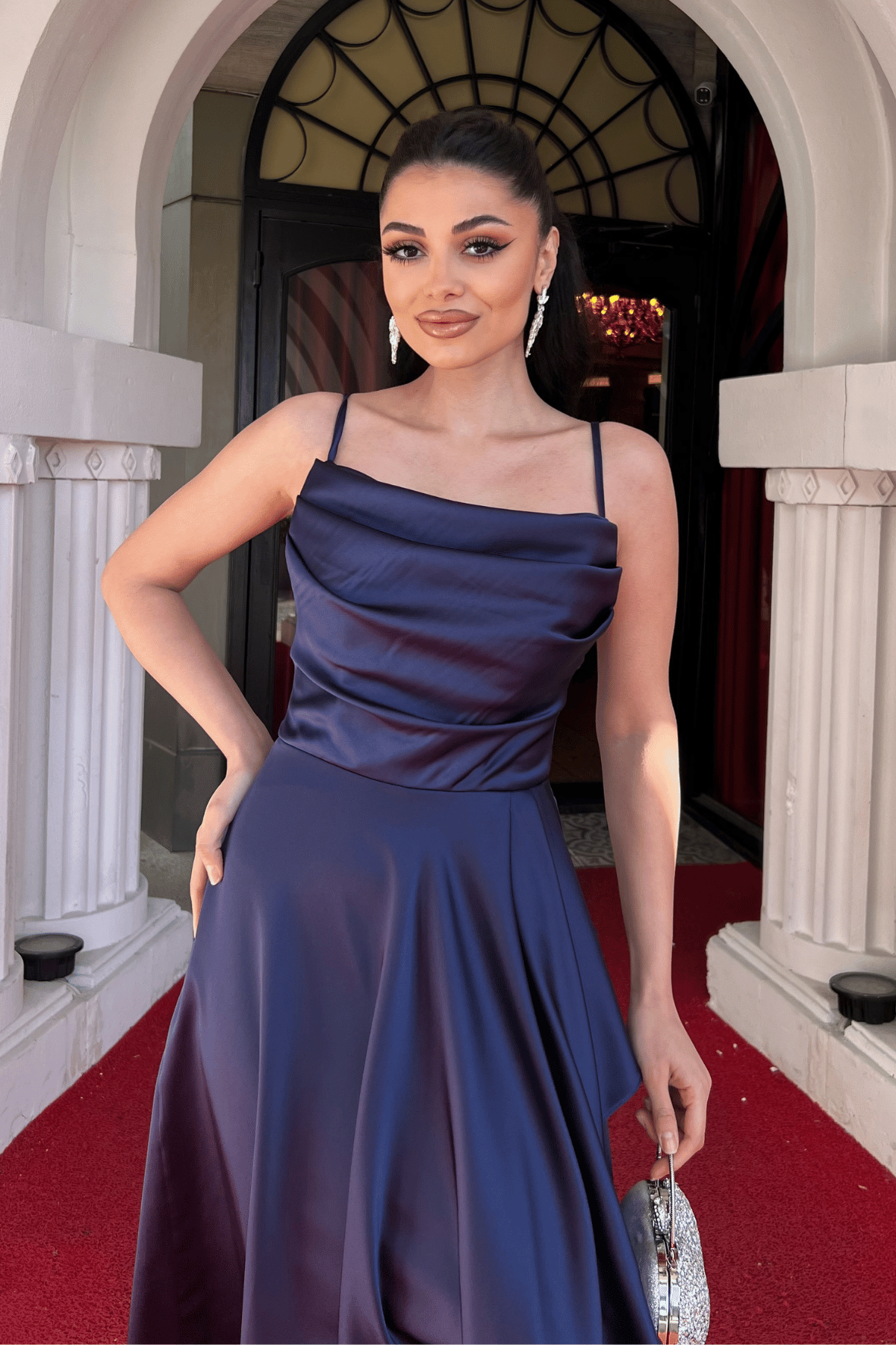 Saten Kumaş Sırtı İp Detaylı Asimetri Kesim Elbise - LACİVERT