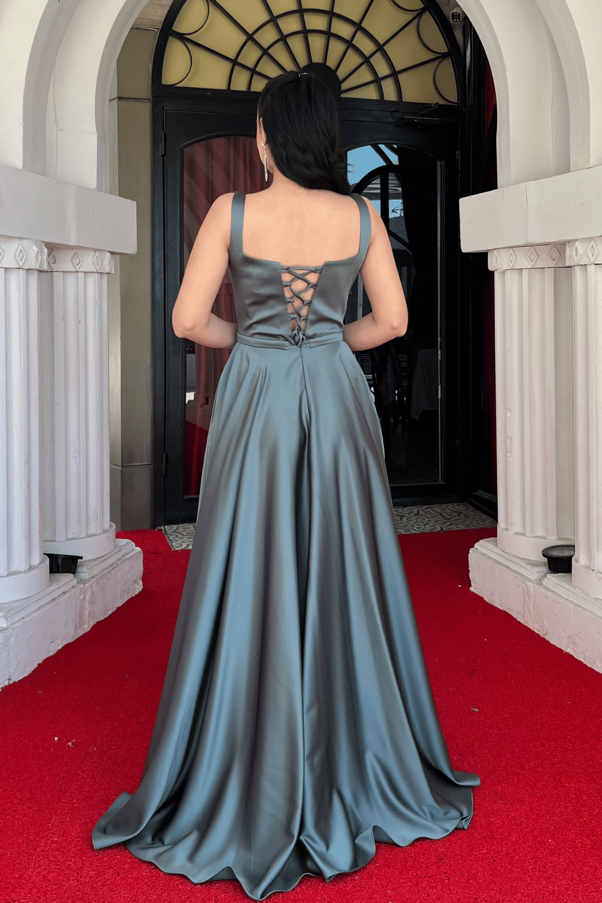 Saten Kumaş Sırtı İpli Askılı Maxi Elbise - ÇAĞLA