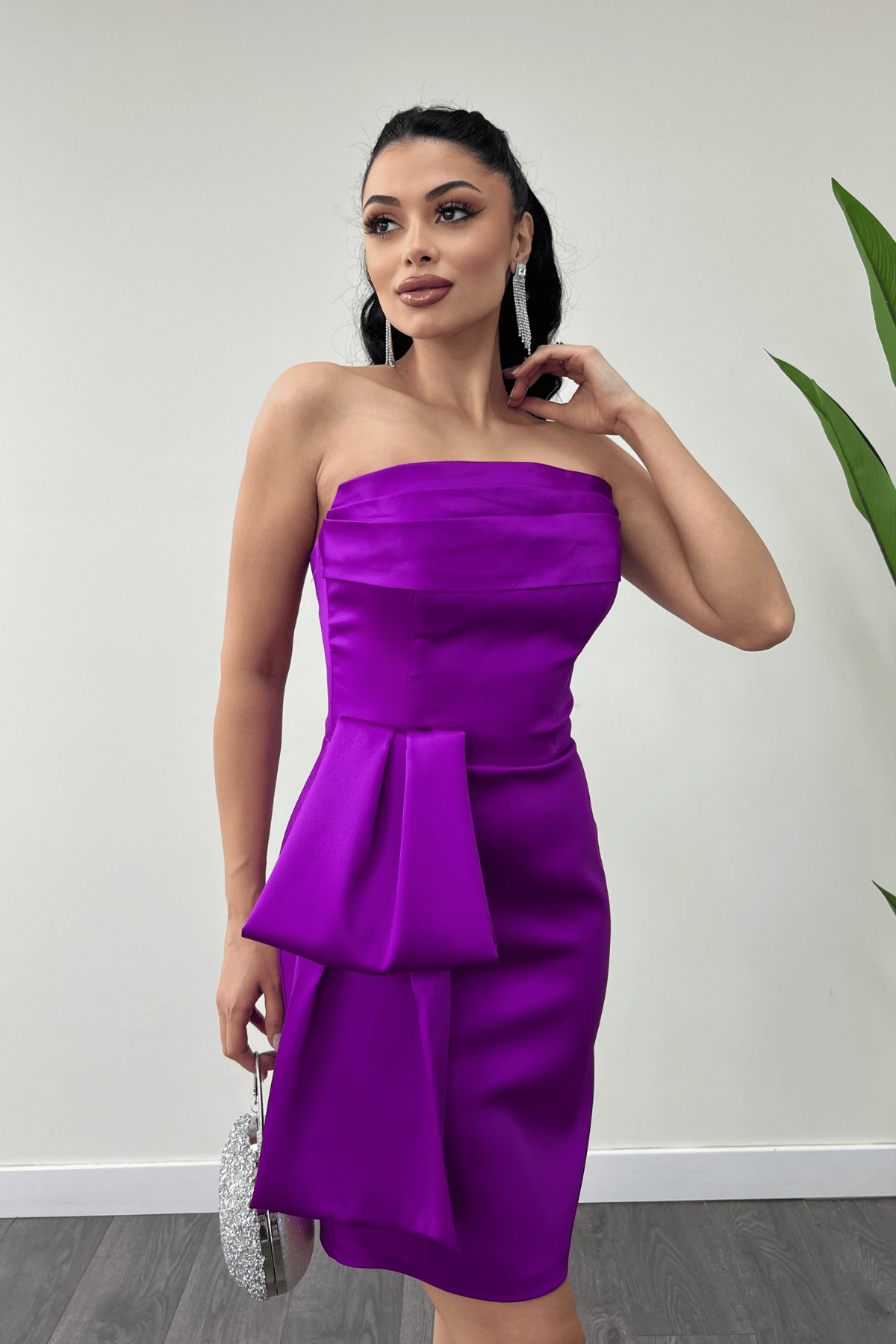 Saten Kumaş Straplez Mini Elbise - FUŞYA