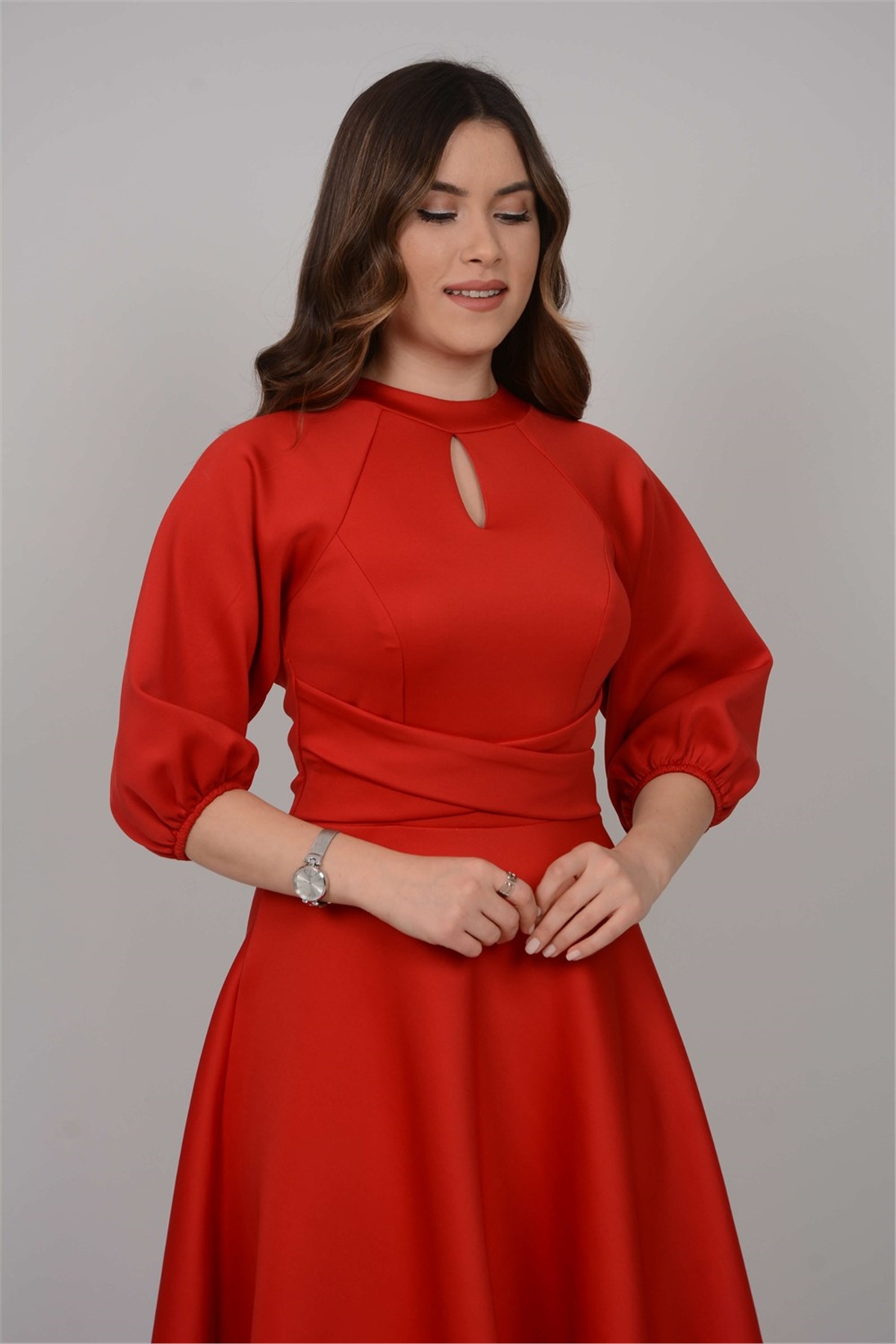 Scuba Kumaş Kemer Detaylı Elbise - Kırmızı