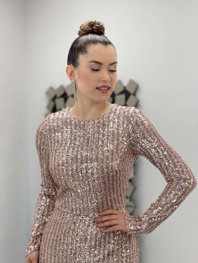 Şeritli Payet Kumaş Balık Elbise - GOLD