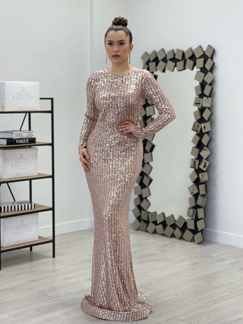 Şeritli Payet Kumaş Balık Elbise - GOLD