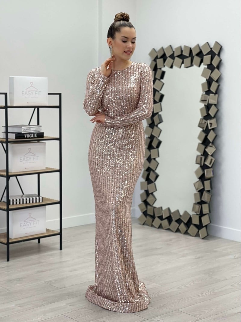 Şeritli Payet Kumaş Balık Elbise - GOLD