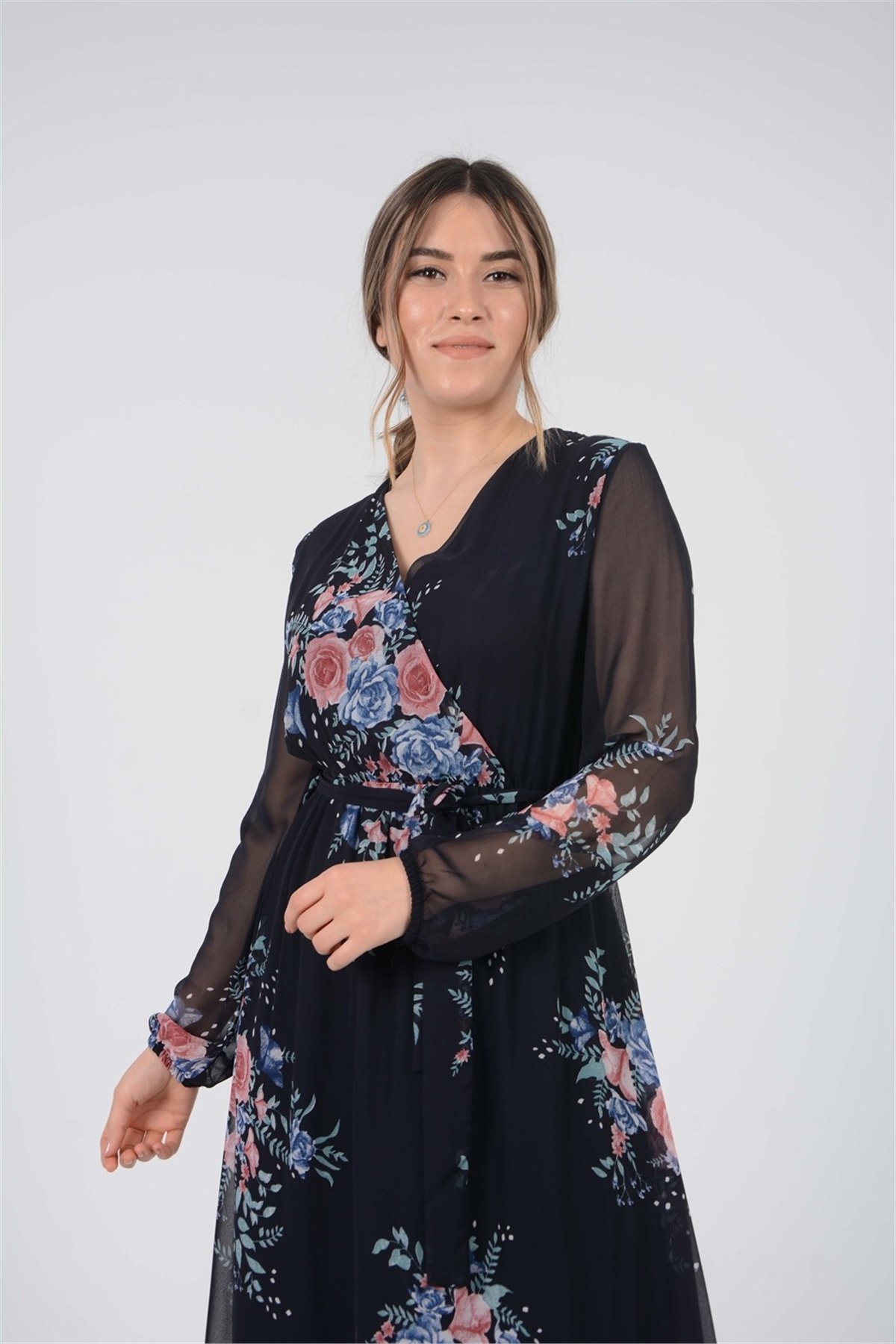 Şifon Çiçek Desenli Elbise - Lacivert