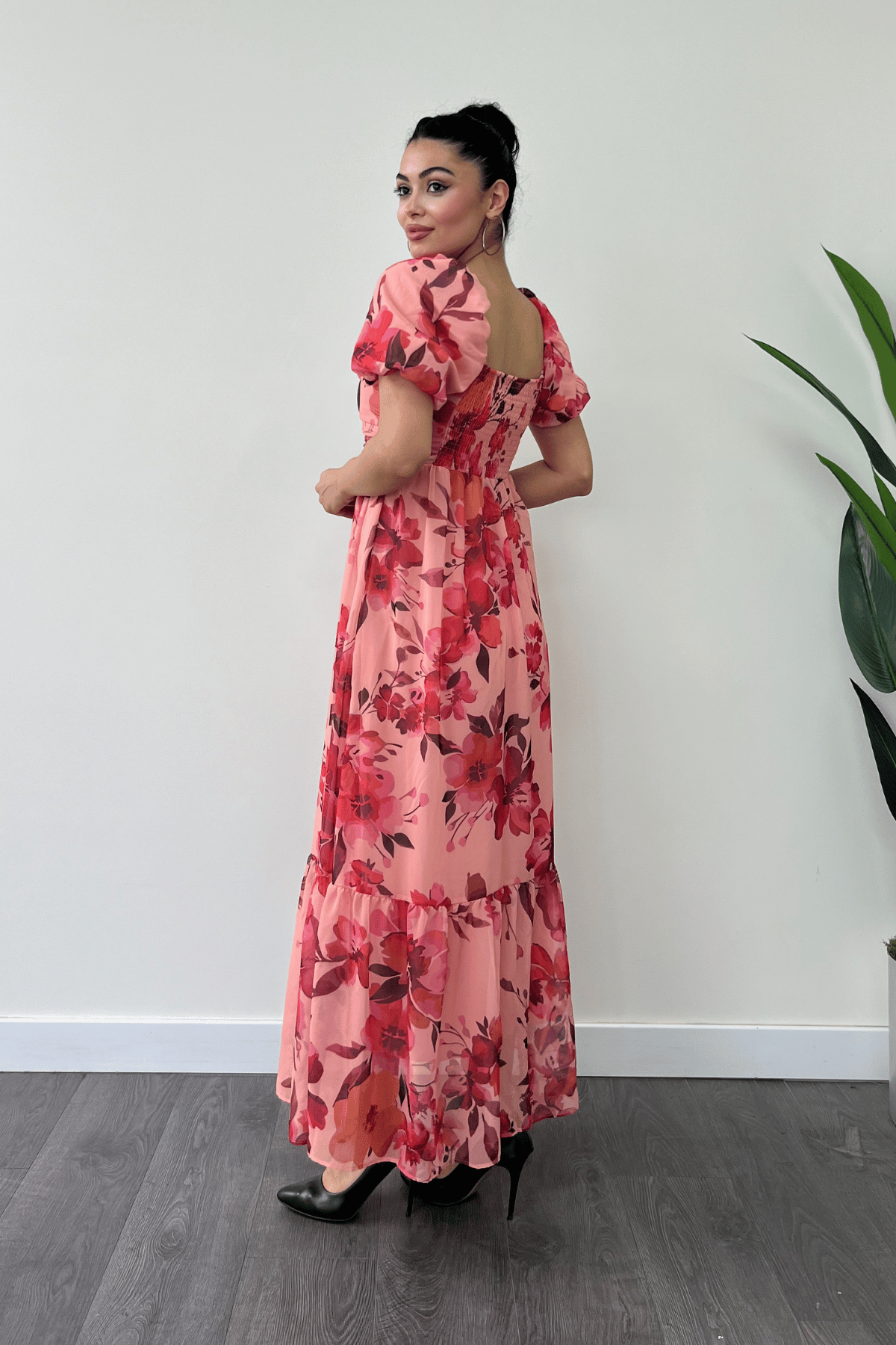 Şifon Çiçekli Kumaş Balon Kol Elbise - TURUNCU