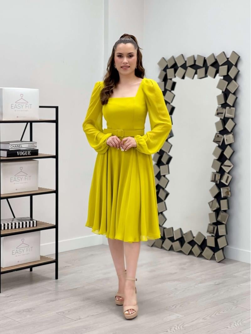 فستان ميدي بياقة مربعة شيفون من قماش الكريب - الأصفر