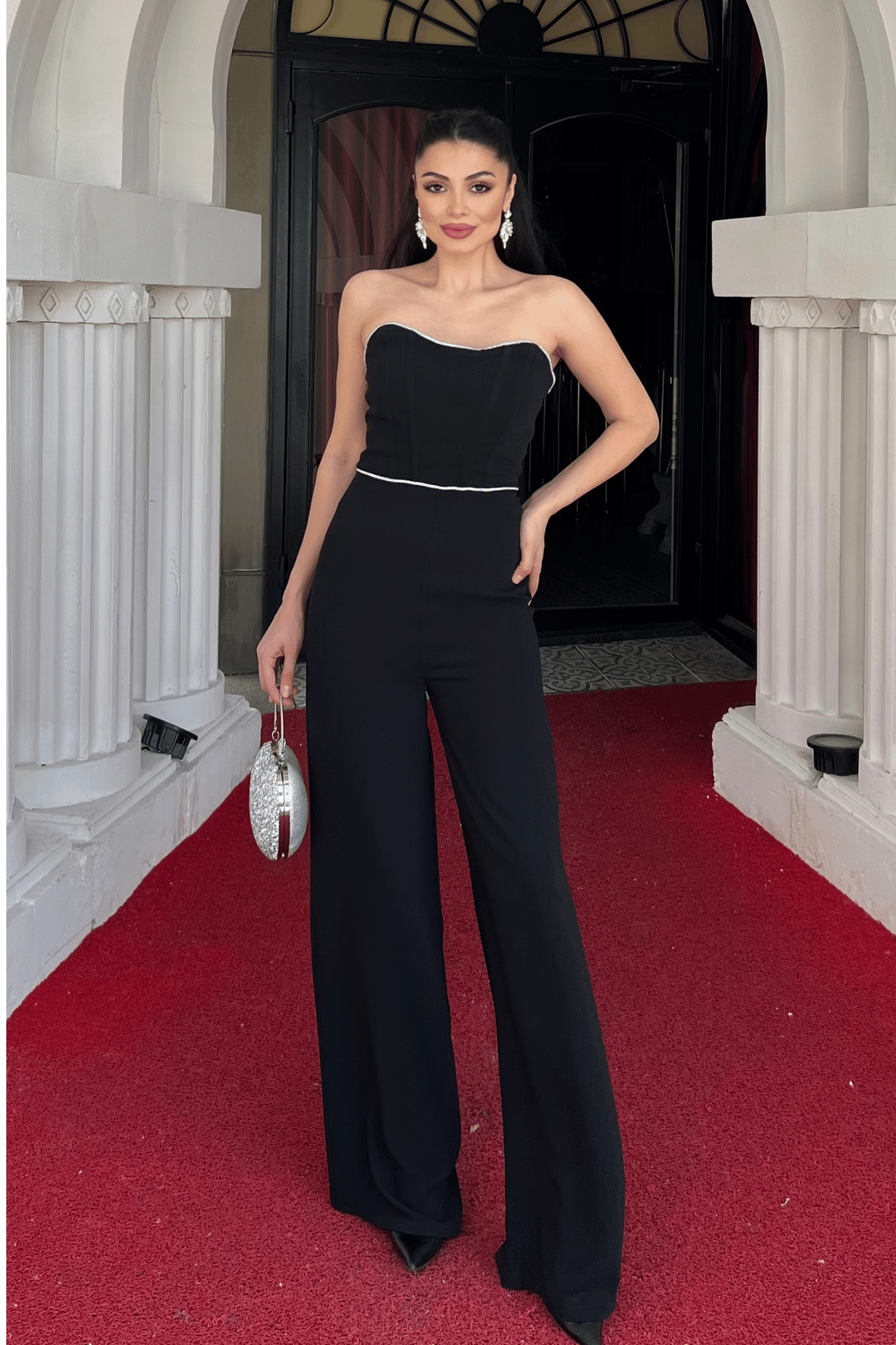 Şifon Krep Kumaş Straplez Pırıltı Detaylı Tulum - SİYAH