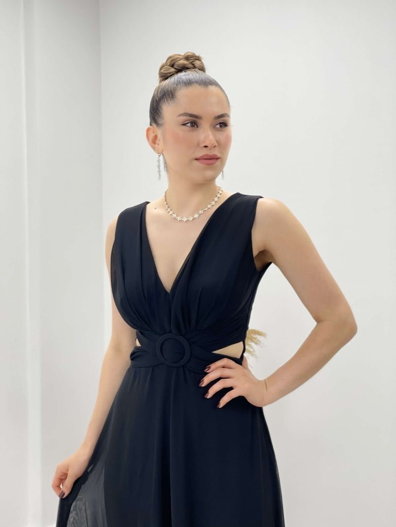 Şifon Krep Kumaş Tulum Elbise - SİYAH