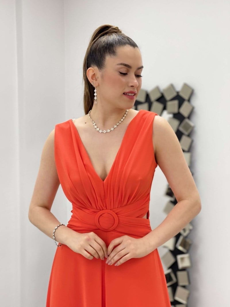 Şifon Krep Kumaş Tulum Elbise - TURUNCU