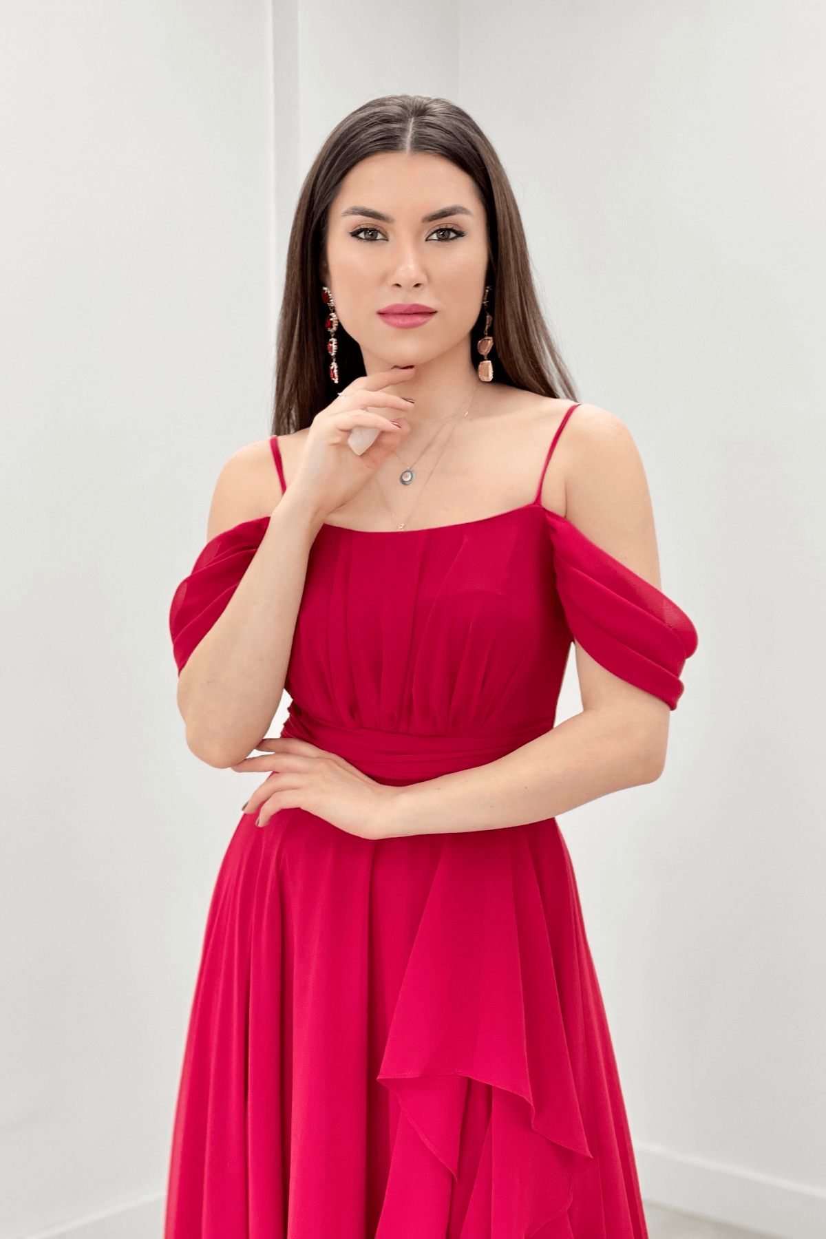Chiffon Suspended Flywheel Detailed Evening Dress - RED