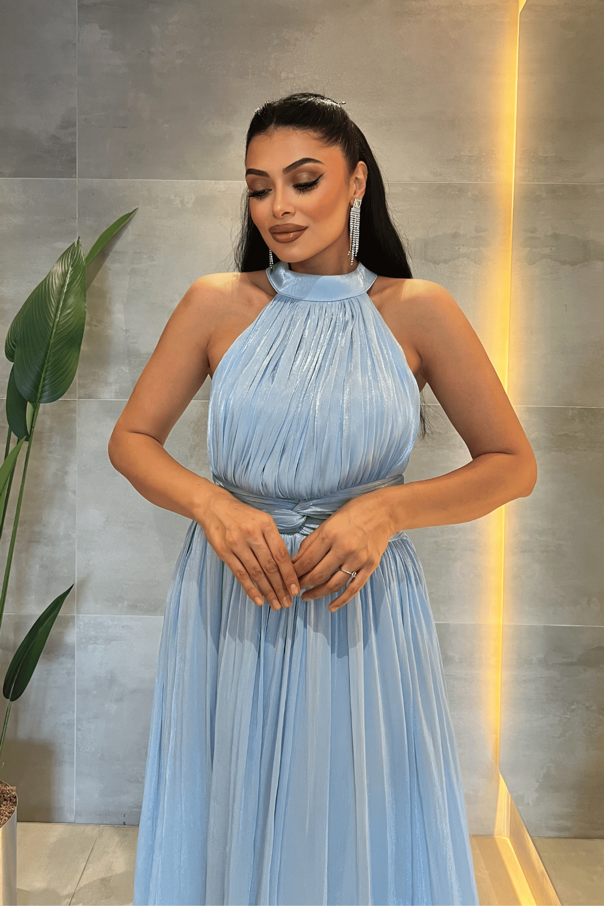 Şifon Kumaş Bel Korseli Abiye Elbise - BEBE MAVİSİ