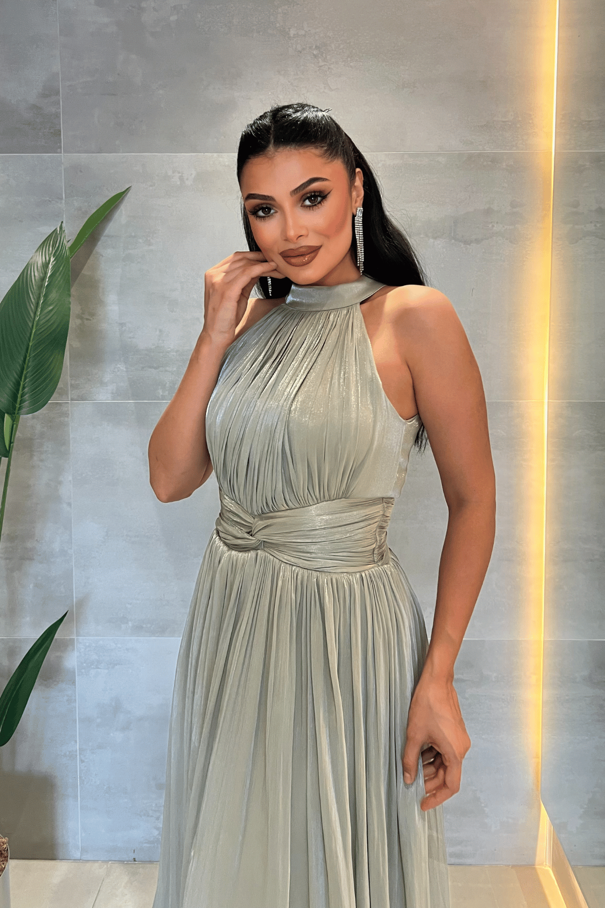 Şifon Kumaş Bel Korseli Abiye Elbise - MİNT YEŞİLİ
