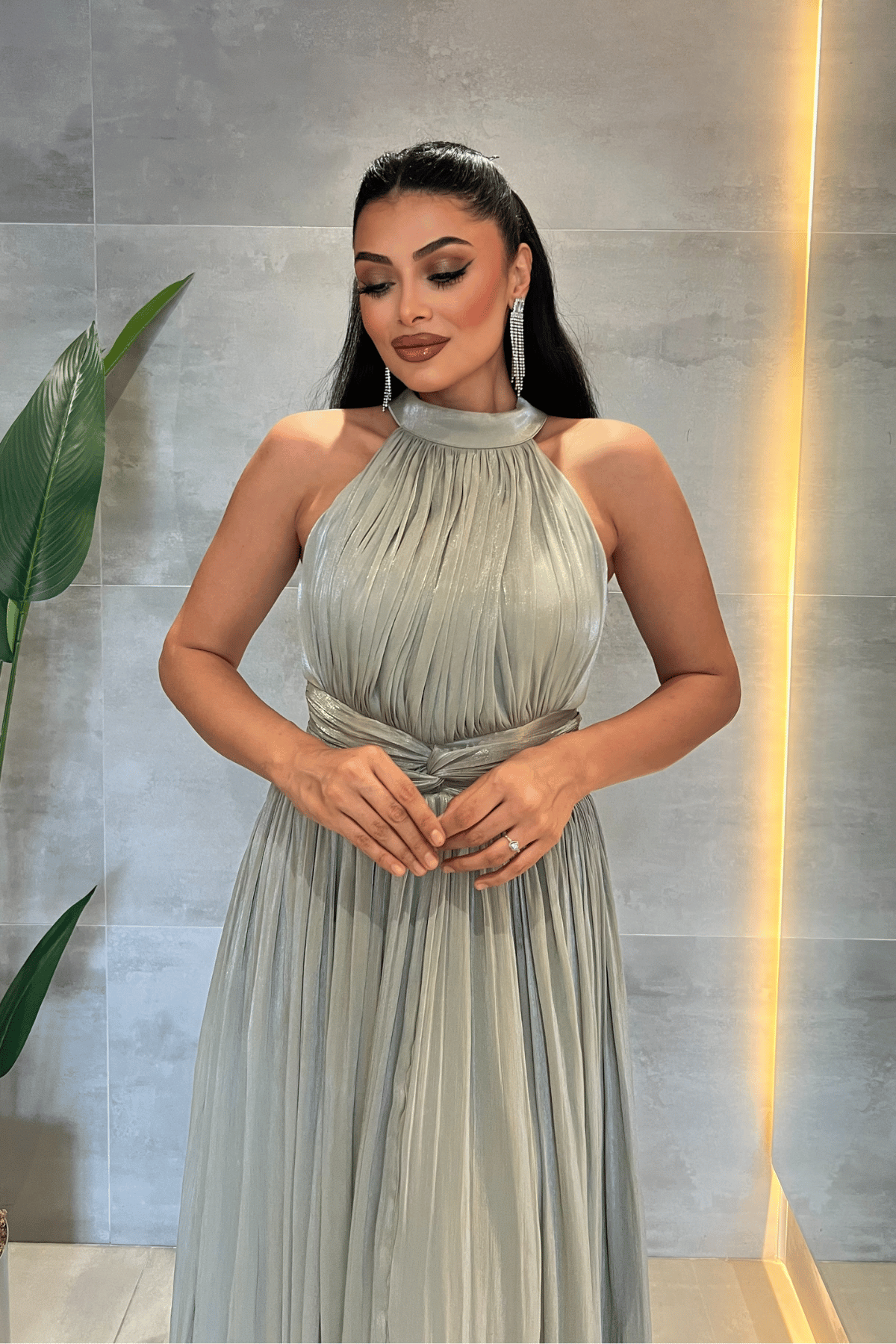 Şifon Kumaş Bel Korseli Abiye Elbise - MİNT YEŞİLİ