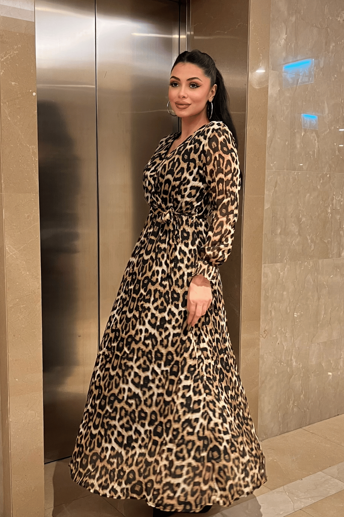 Şifon Kumaş Beli Lastikli Elbise - LEOPAR