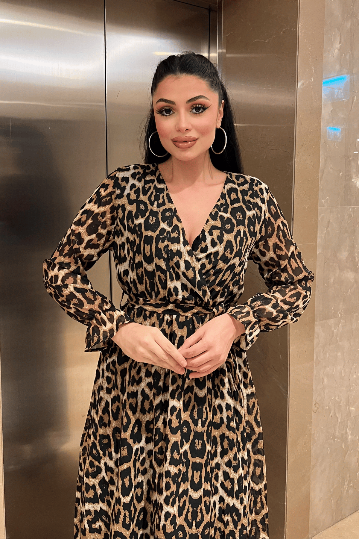 Şifon Kumaş Beli Lastikli Elbise - LEOPAR