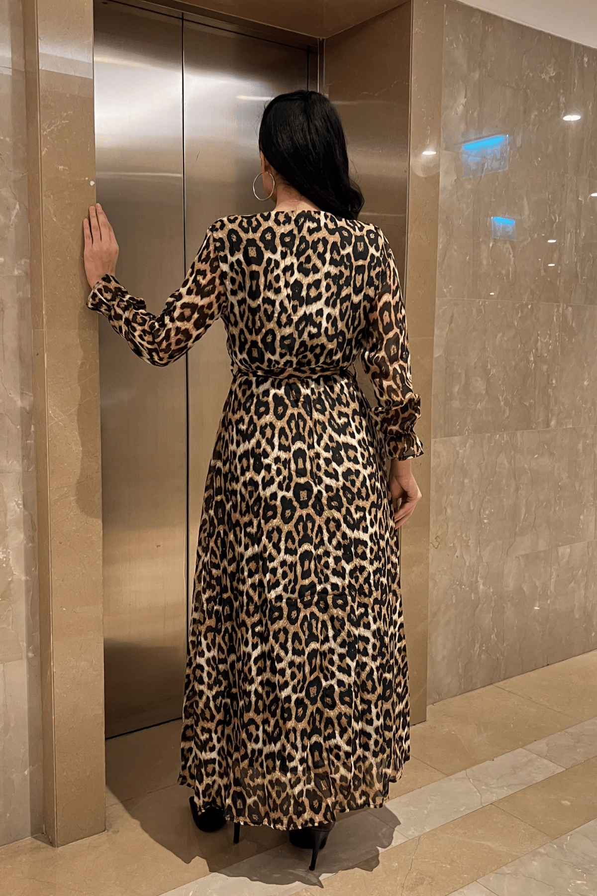 Şifon Kumaş Beli Lastikli Elbise - LEOPAR