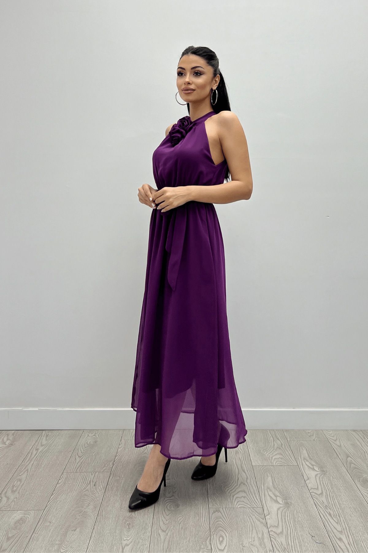 Şifon Kumaş Beli Lastikli Midi Elbise - PATLICAN MOR