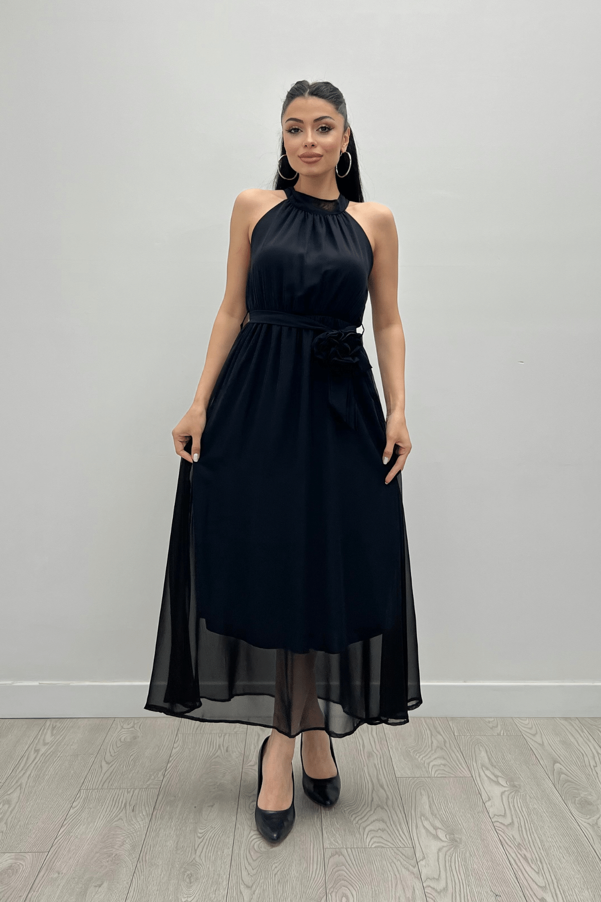 Şifon Kumaş Beli Lastikli Midi Elbise - SİYAH