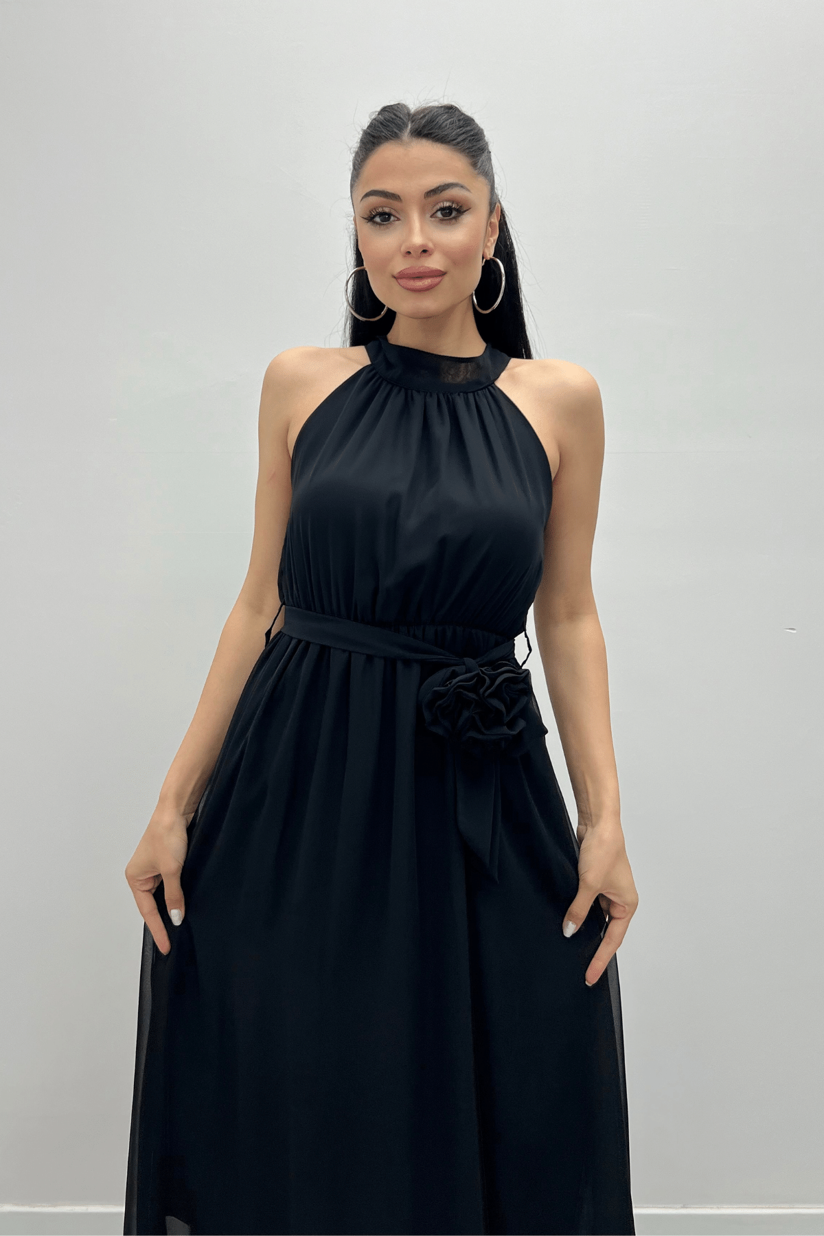 Şifon Kumaş Beli Lastikli Midi Elbise - SİYAH