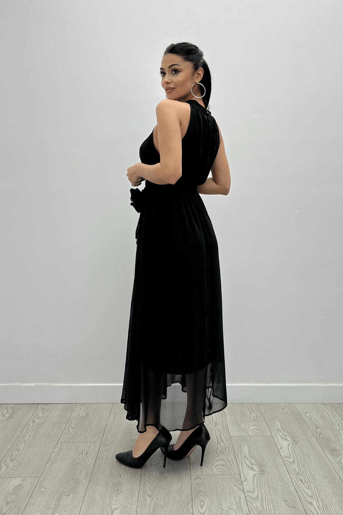 Şifon Kumaş Beli Lastikli Midi Elbise - SİYAH