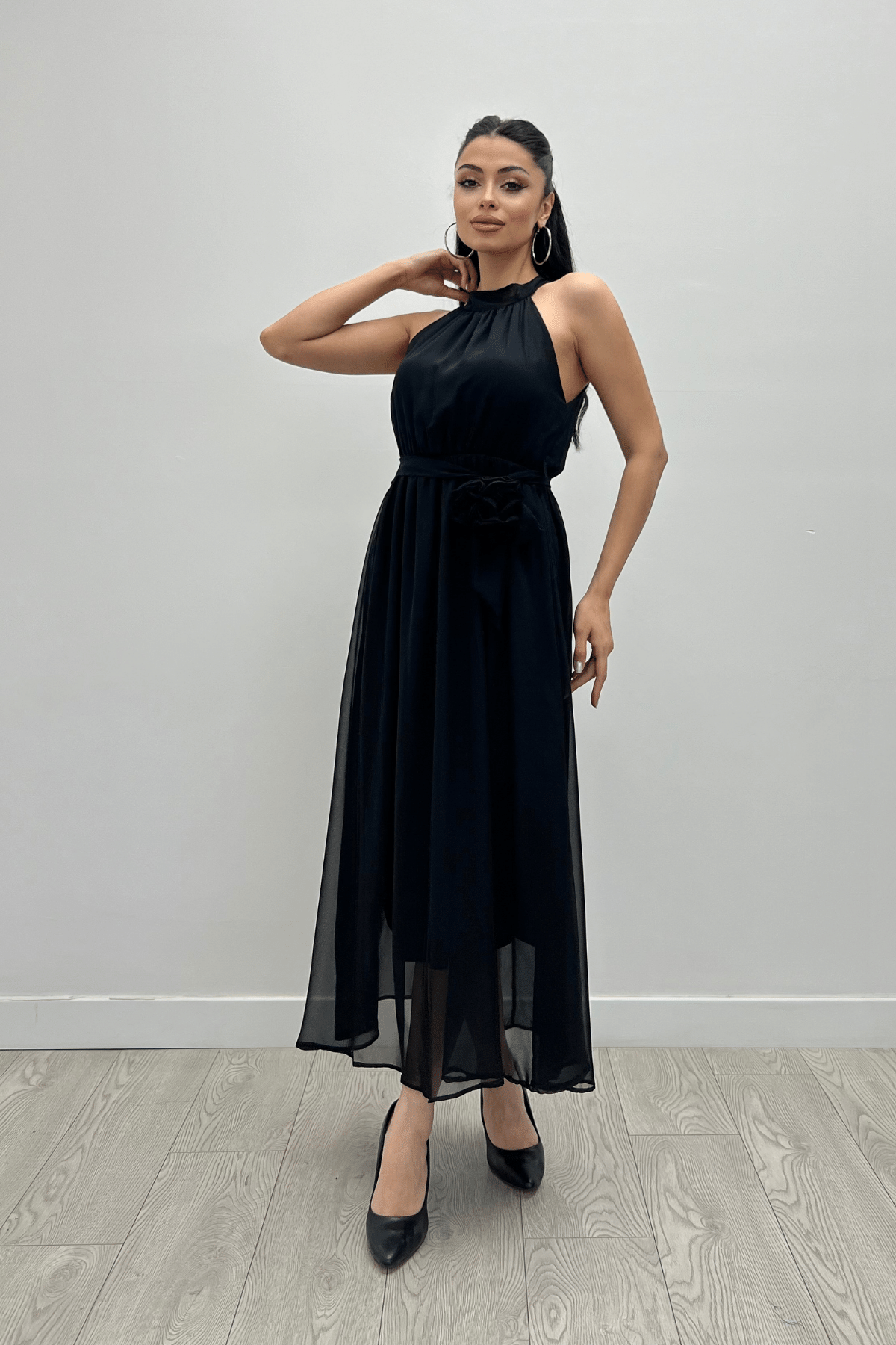 Şifon Kumaş Beli Lastikli Midi Elbise - SİYAH