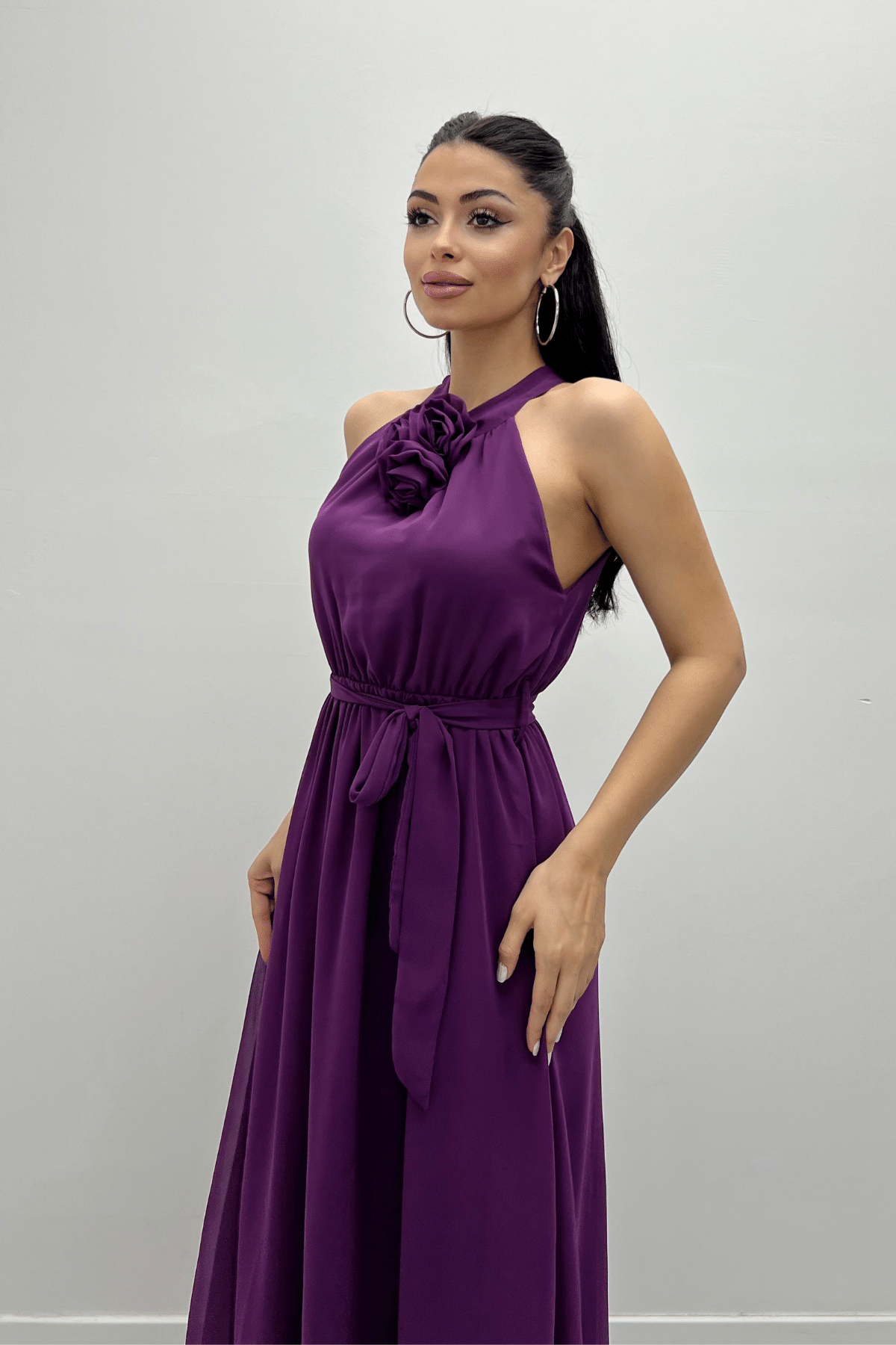 Şifon Kumaş Beli Lastikli Midi Elbise - PATLICAN MOR