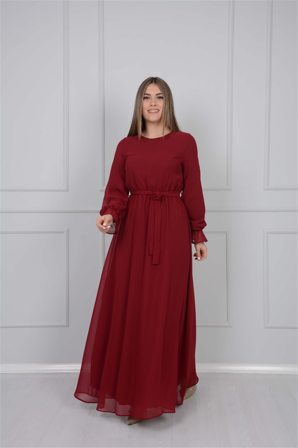 Şifon Kumaş Bisiklet Yaka Elbise - Bordo