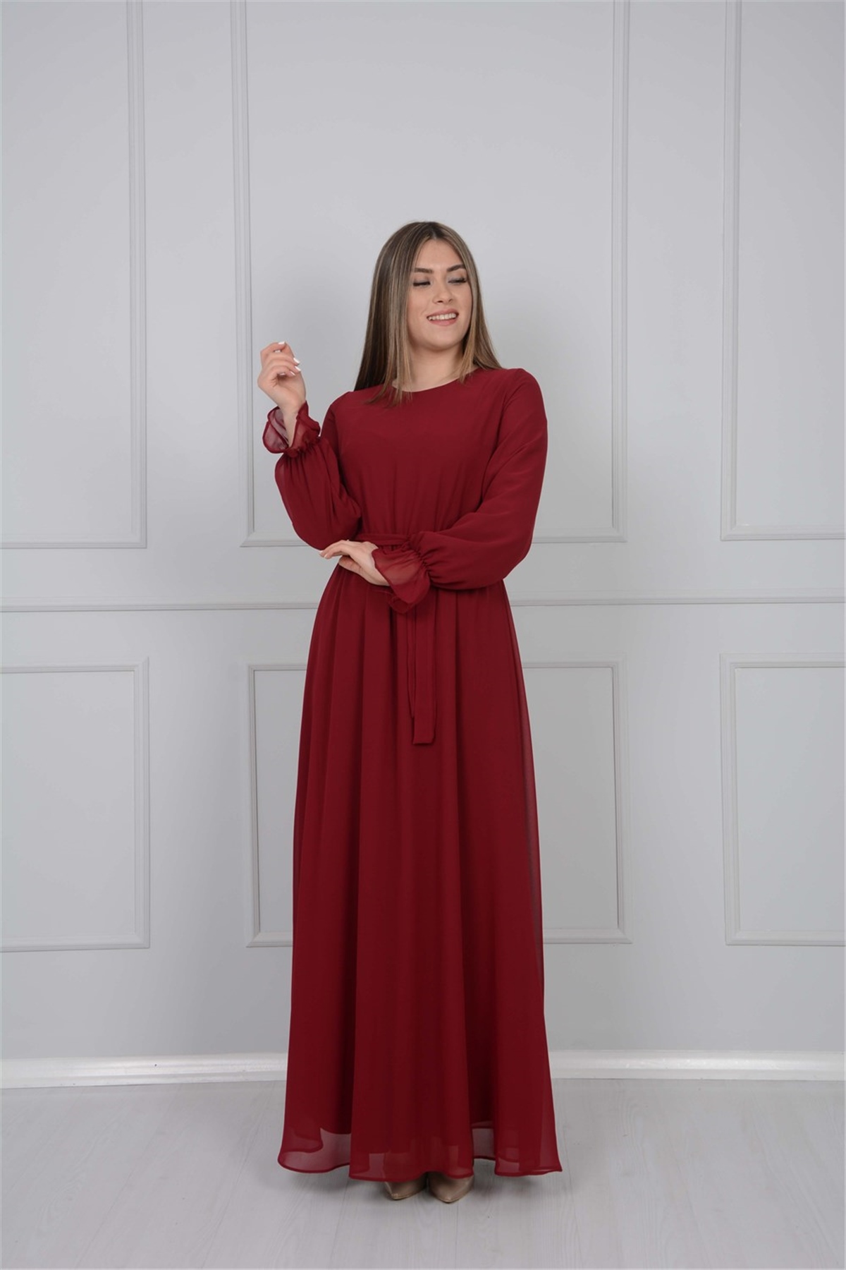 Şifon Kumaş Bisiklet Yaka Elbise - Bordo