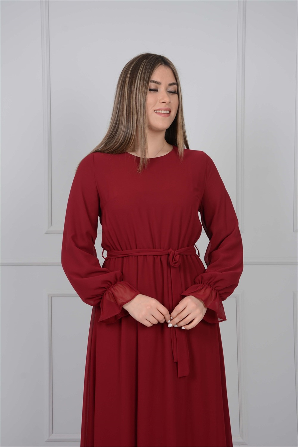 Şifon Kumaş Bisiklet Yaka Elbise - Bordo