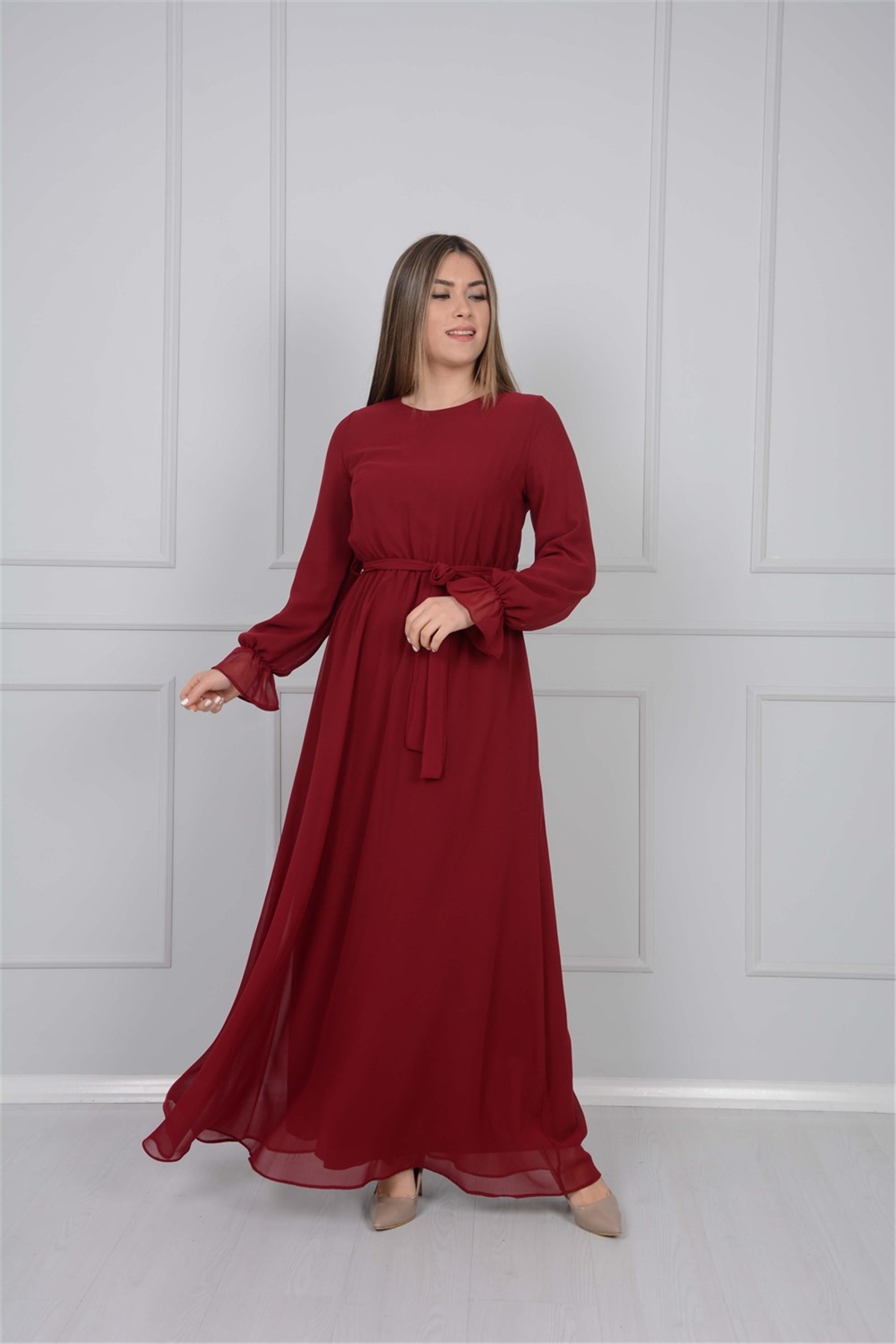 Şifon Kumaş Bisiklet Yaka Elbise - Bordo