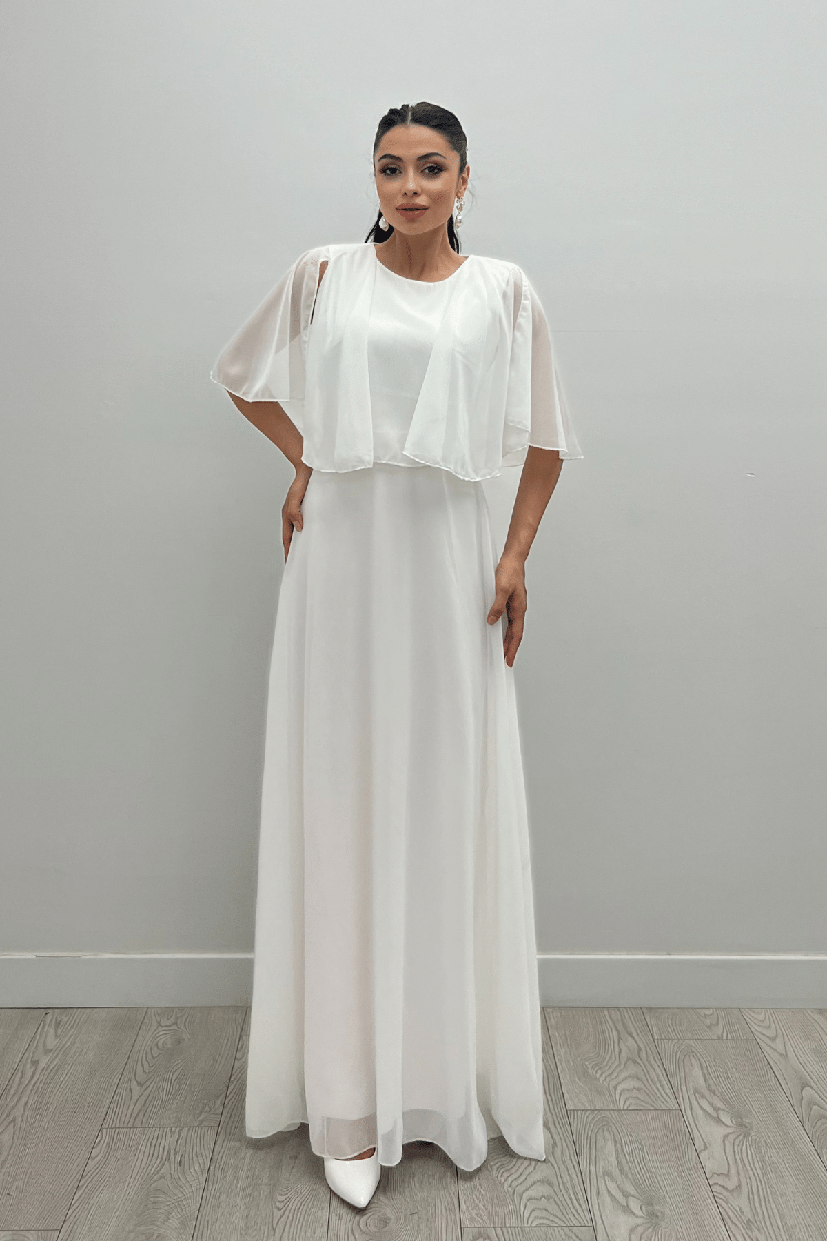 Şifon Kumaş Bolero Detaylı Elbise - BEYAZ