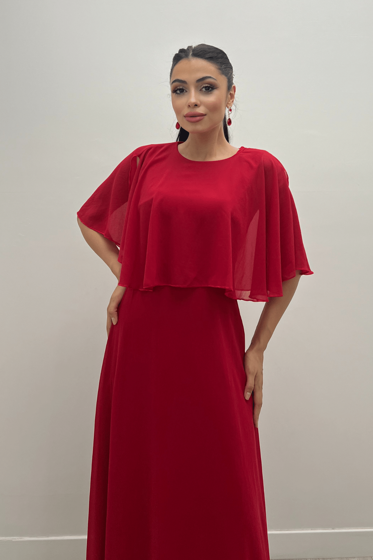 Şifon Kumaş Bolero Detaylı Elbise - KIRMIZI