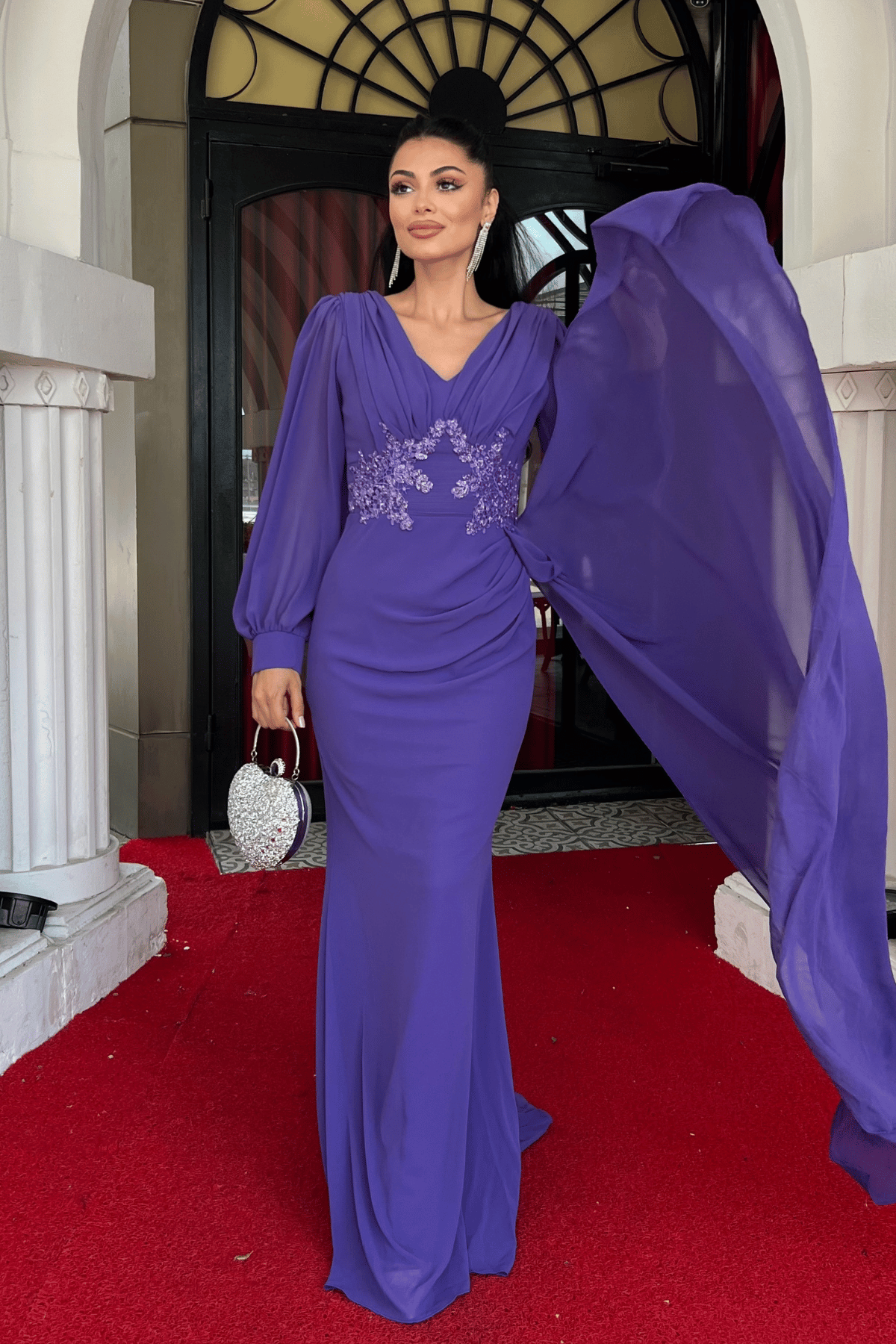 Şifon Kumaş Boncuk İşlemeli Şal Detaylı Abiye Elbise - MOR