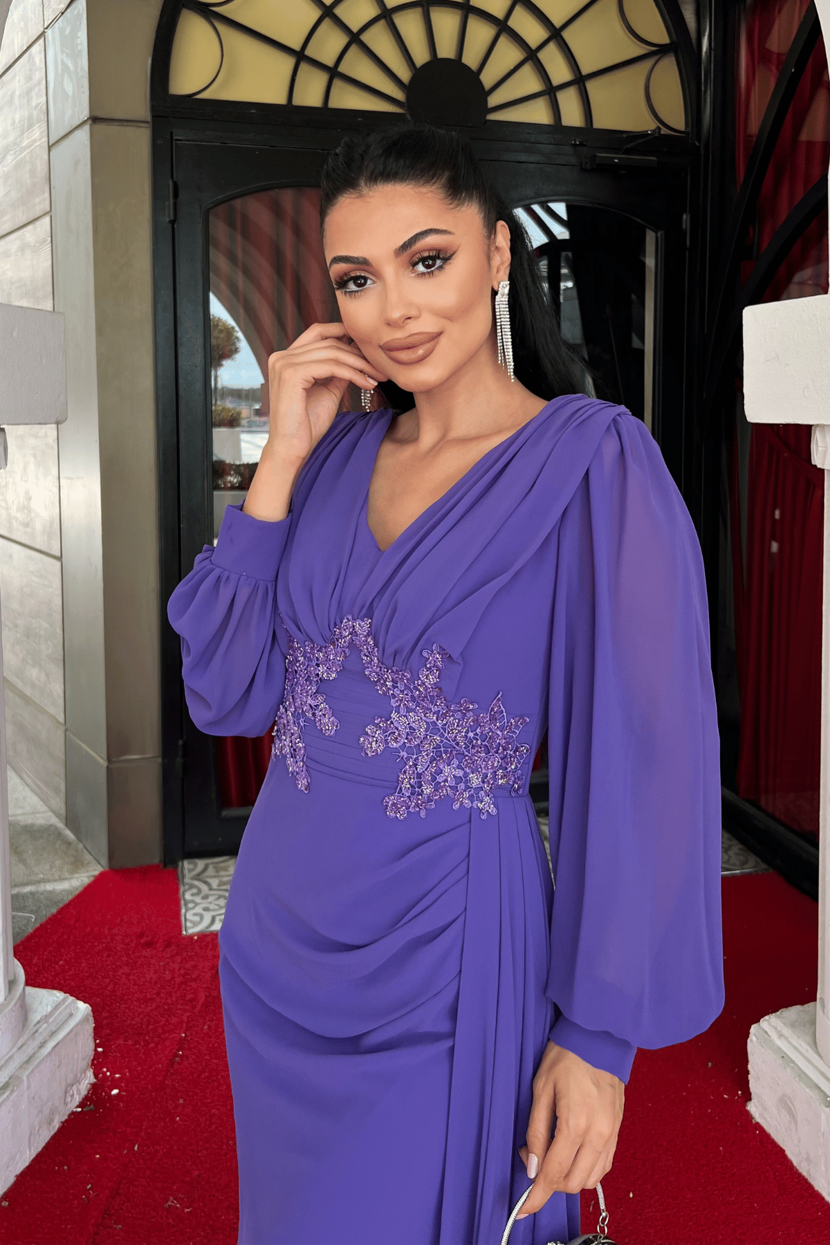 Şifon Kumaş Boncuk İşlemeli Şal Detaylı Abiye Elbise - MOR