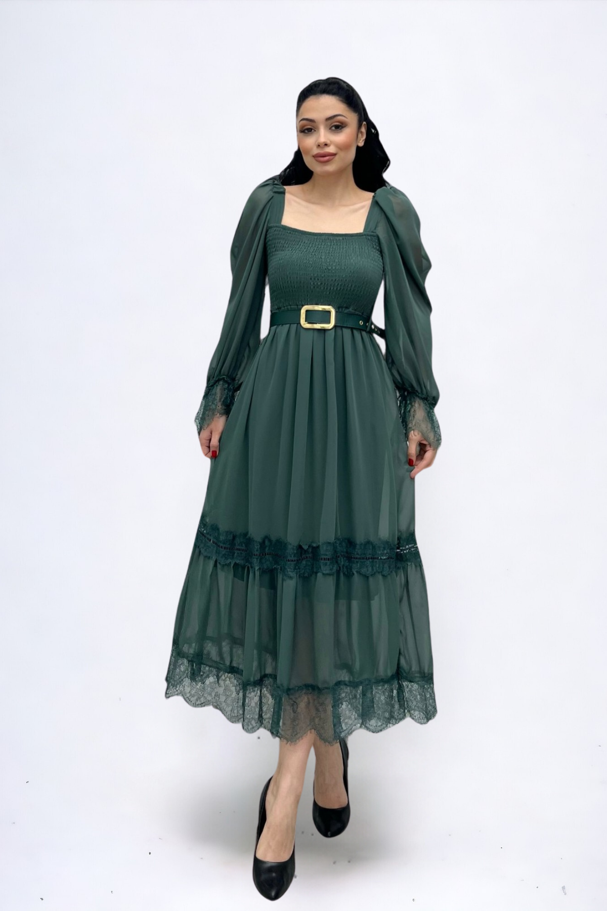 Şifon Kumaş Büzgü Dantel Detaylı Midi Elbise - HAKİ YEŞİLİ