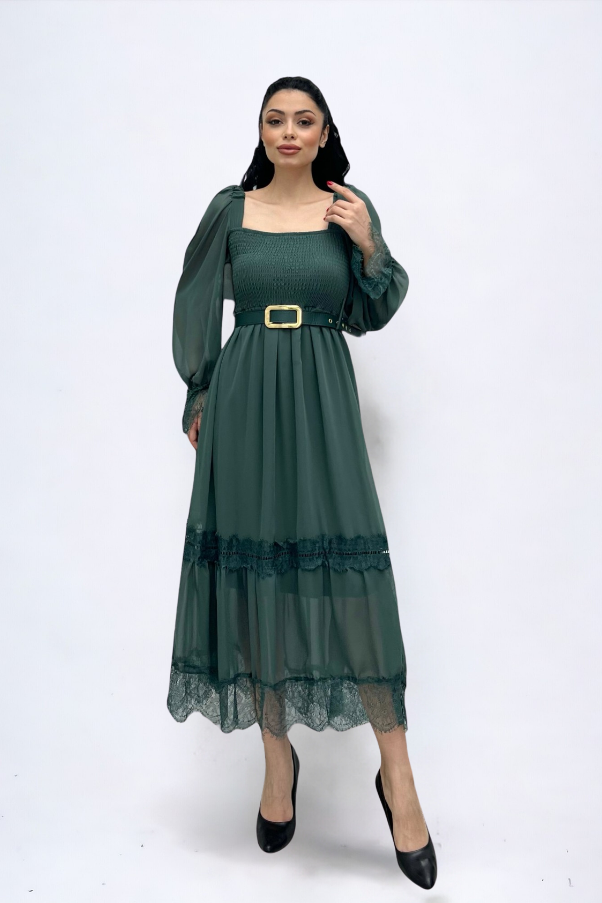 Şifon Kumaş Büzgü Dantel Detaylı Midi Elbise - HAKİ YEŞİLİ