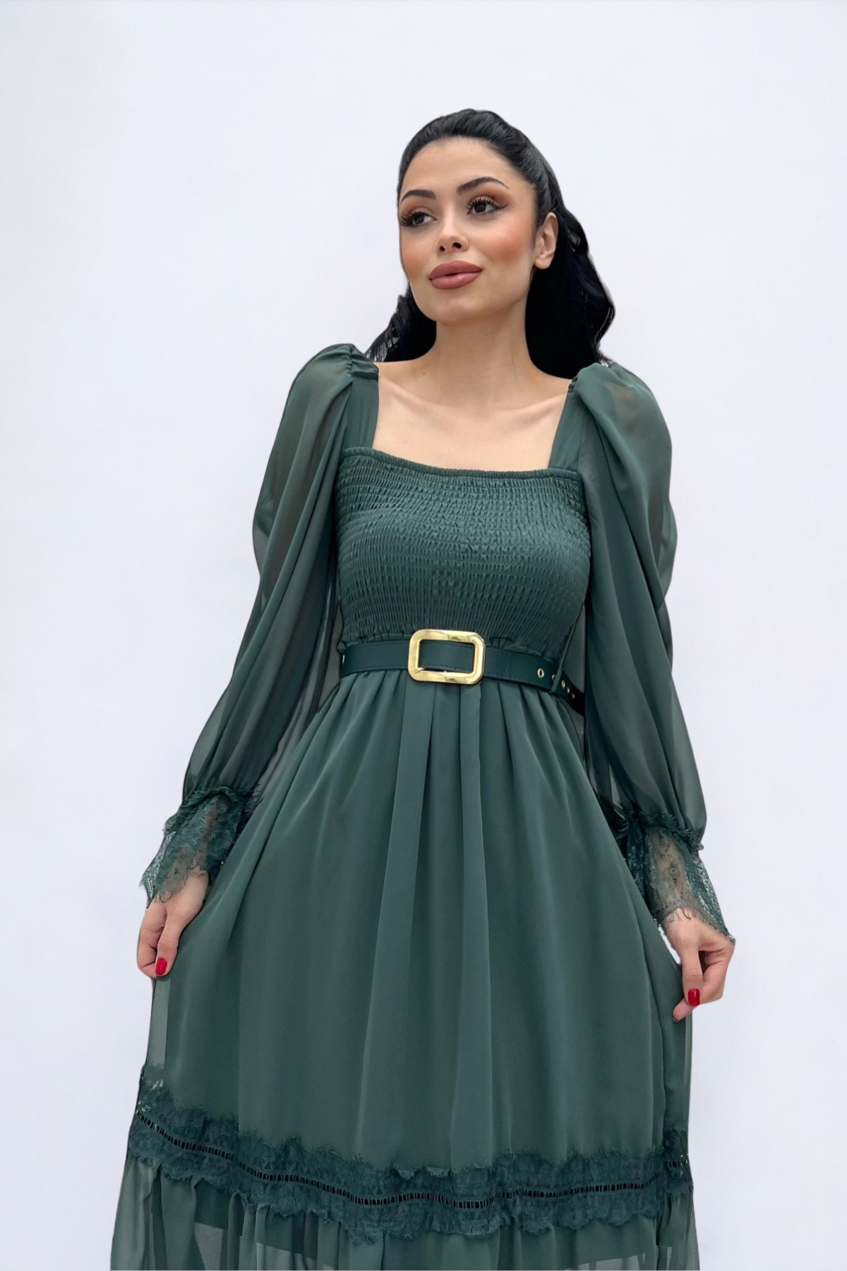 Şifon Kumaş Büzgü Dantel Detaylı Midi Elbise - HAKİ YEŞİLİ