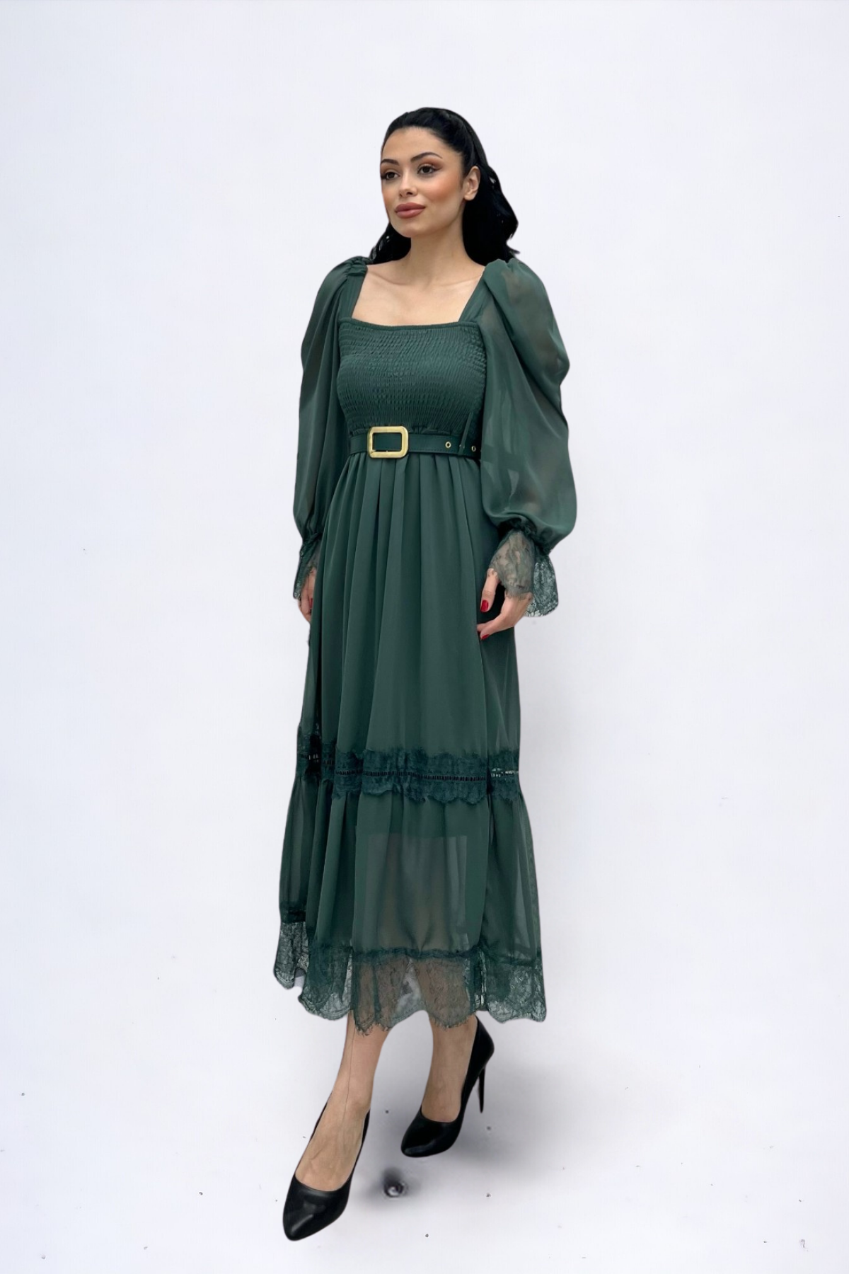 Şifon Kumaş Büzgü Dantel Detaylı Midi Elbise - HAKİ YEŞİLİ