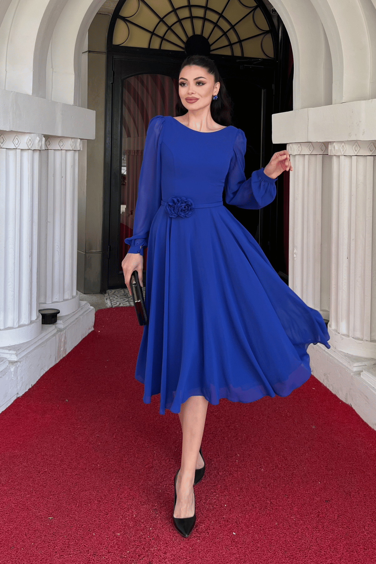 Sifon Kumaş Çiçek Detaylı Midi Elbise - SAKS MAVİ