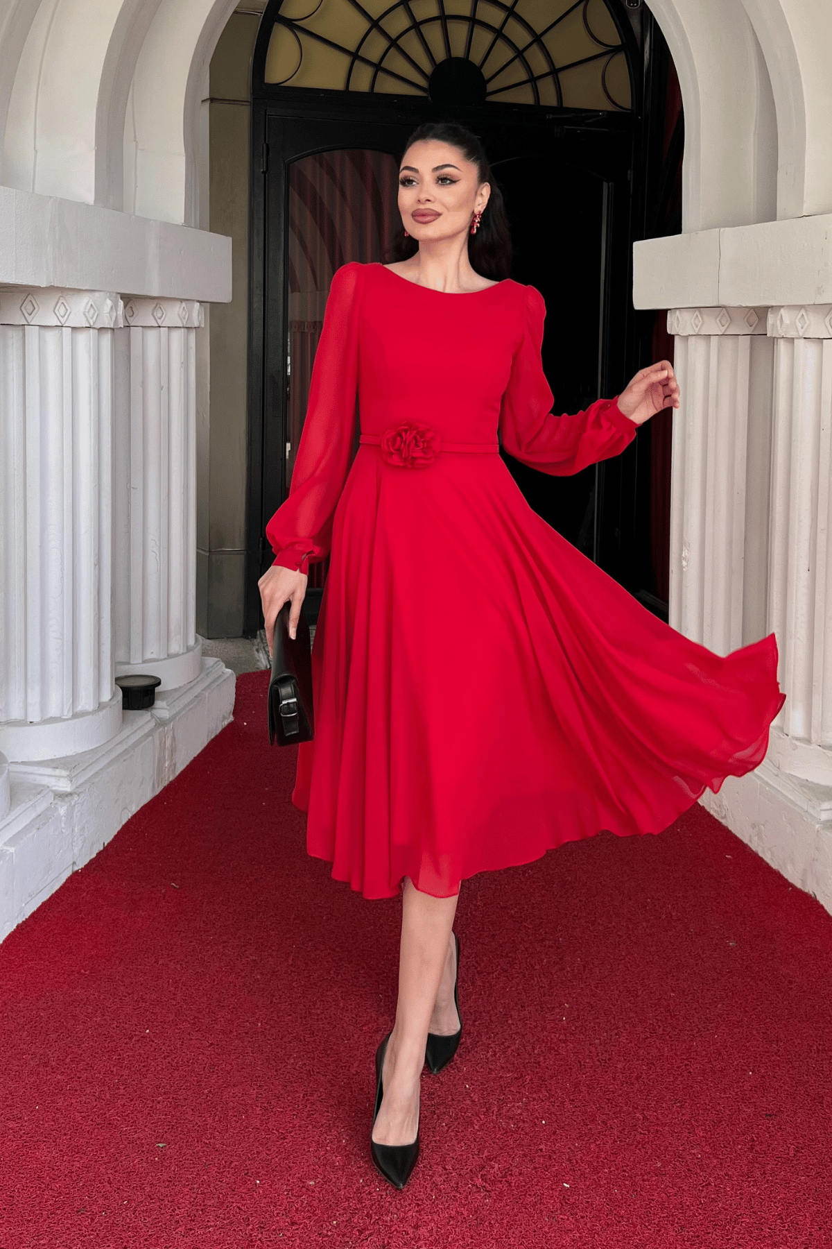 Sifon Kumaş Çiçek Detaylı Midi Elbise - KIRMIZI