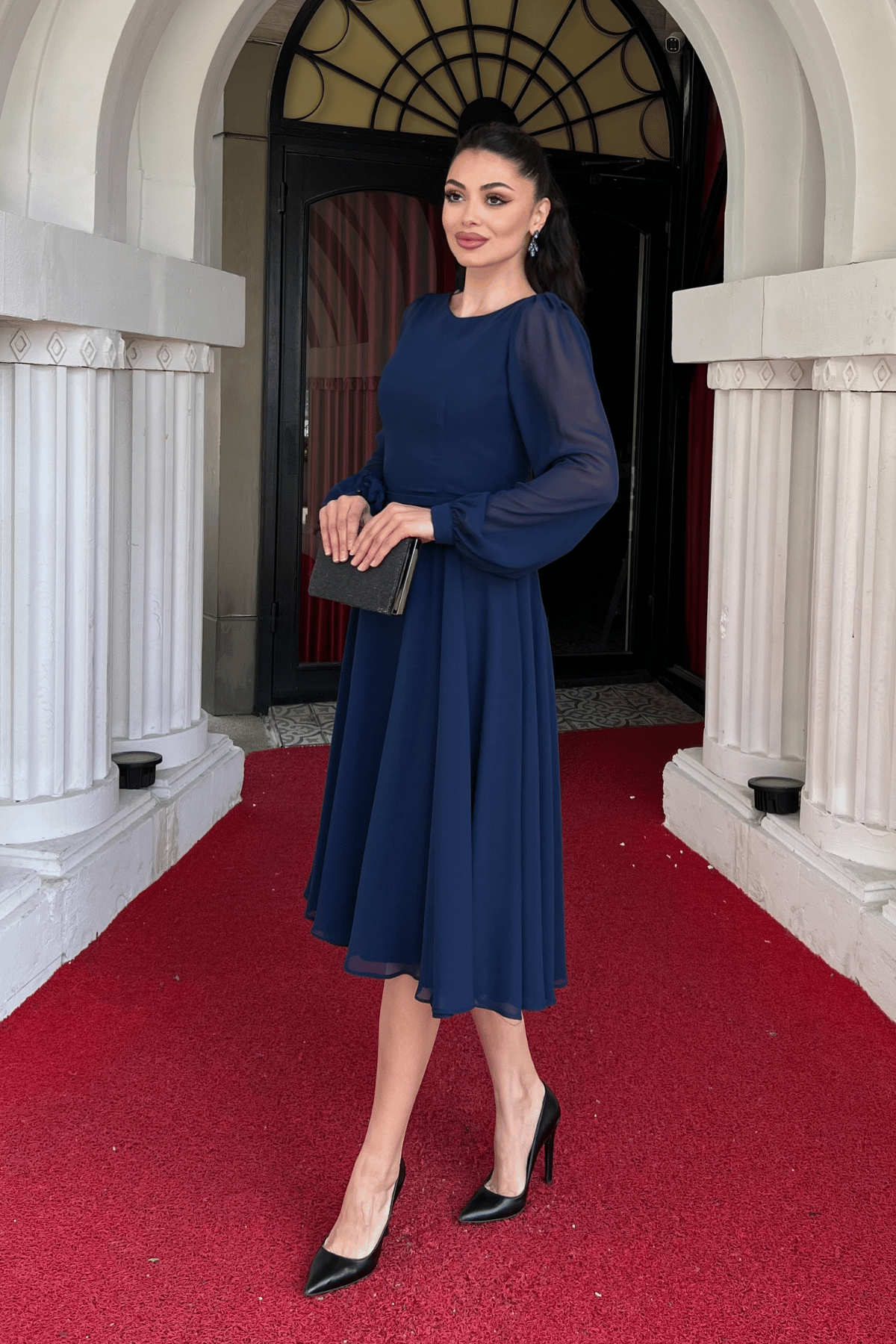 Sifon Kumaş Çiçek Detaylı Midi Elbise - LACİVERT