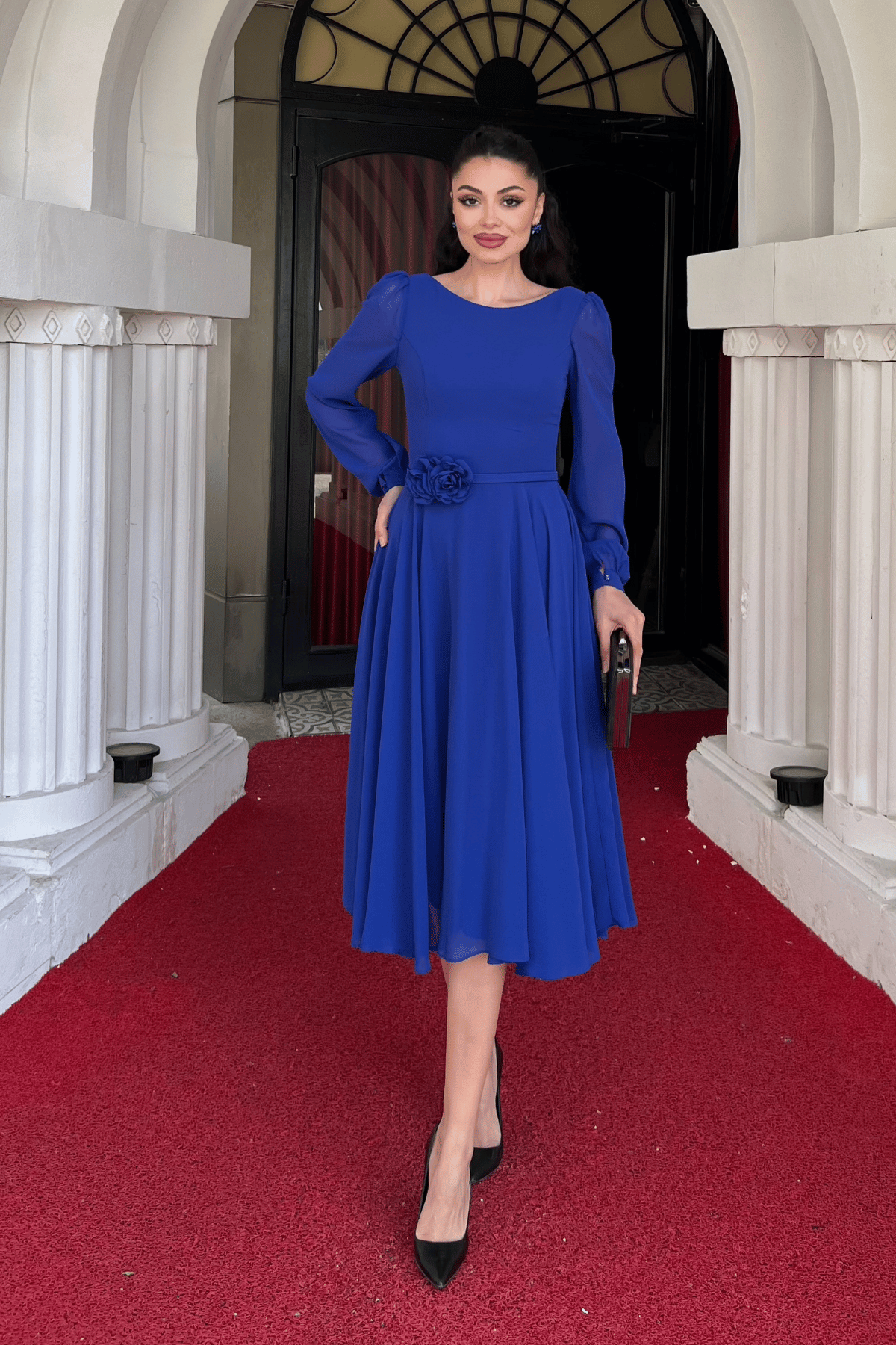 Sifon Kumaş Çiçek Detaylı Midi Elbise - SAKS MAVİ