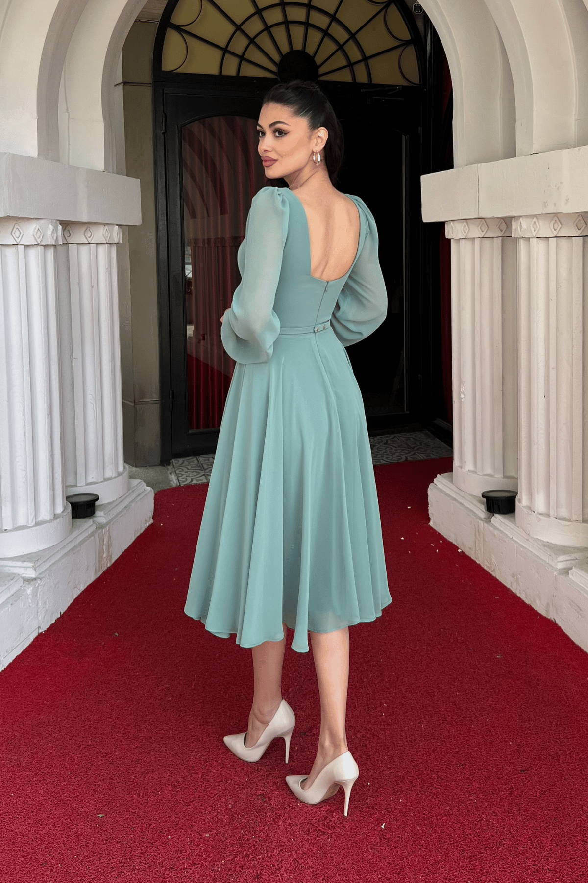 Sifon Kumaş Çiçek Detaylı Midi Elbise - MİNT YEŞİLİ