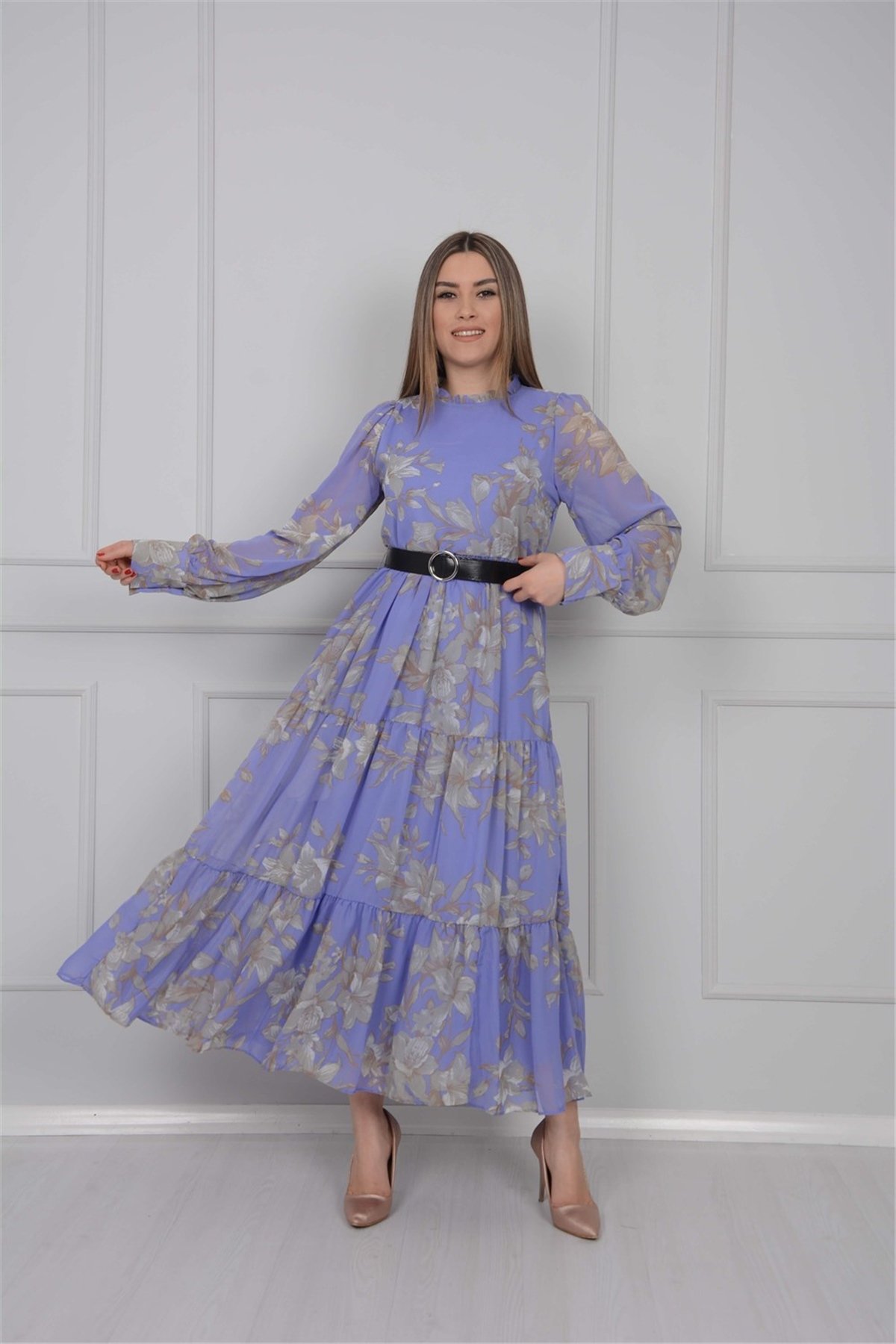 Şifon Kumaş Fırfırlı Elbise - Lila