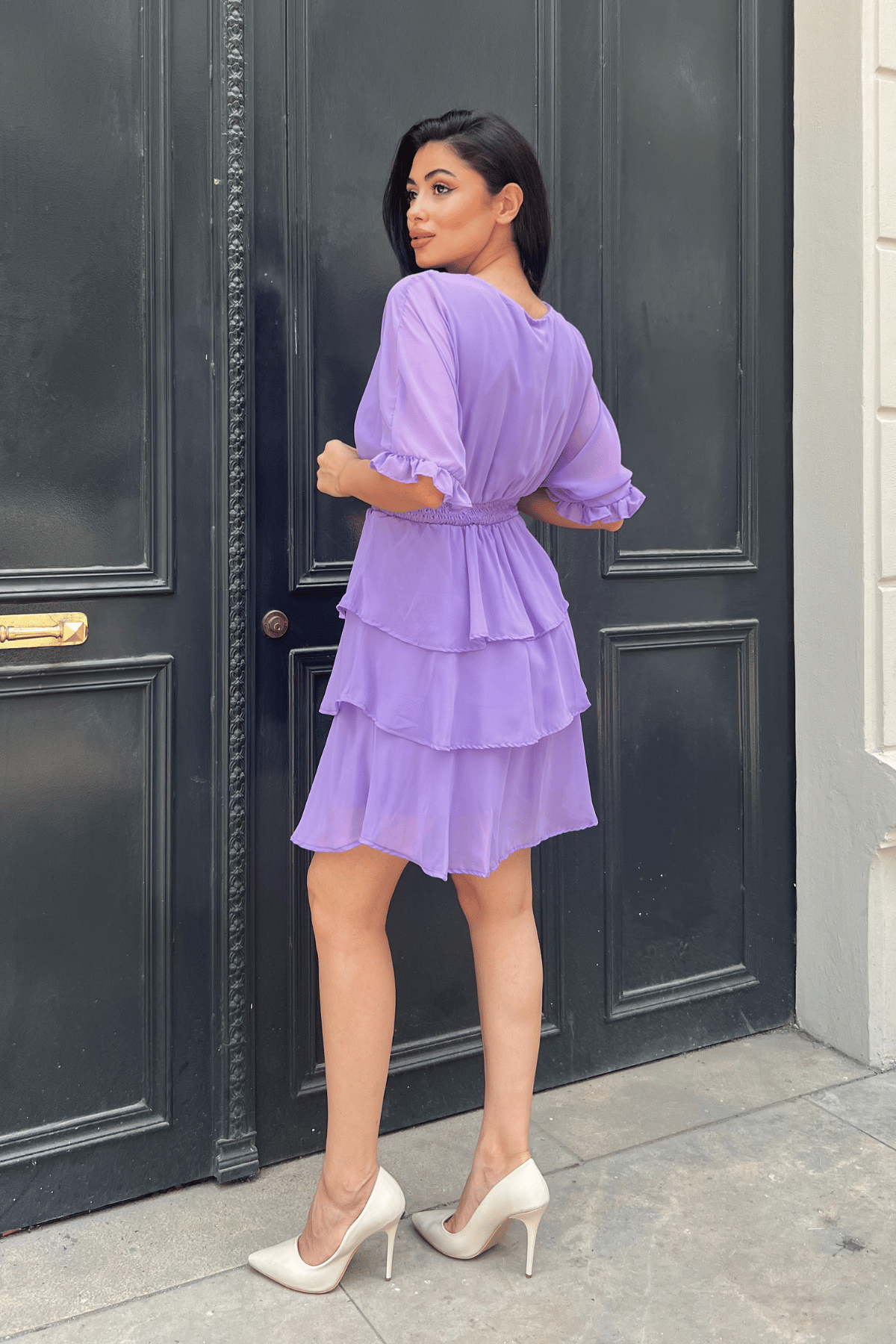 Şifon Kumaş Kat Kat Mini Elbise - MOR