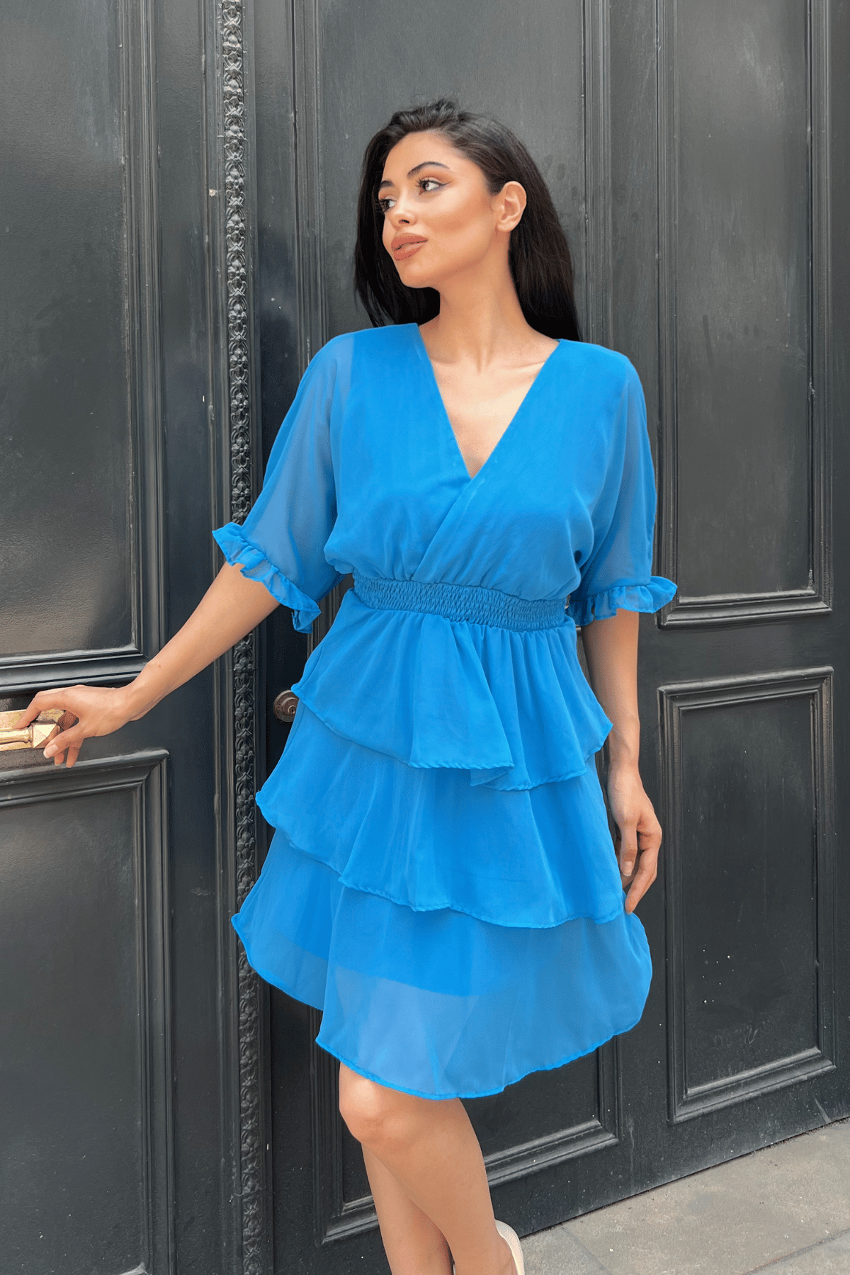 Şifon Kumaş Kat Kat Mini Elbise - SAKS MAVİ